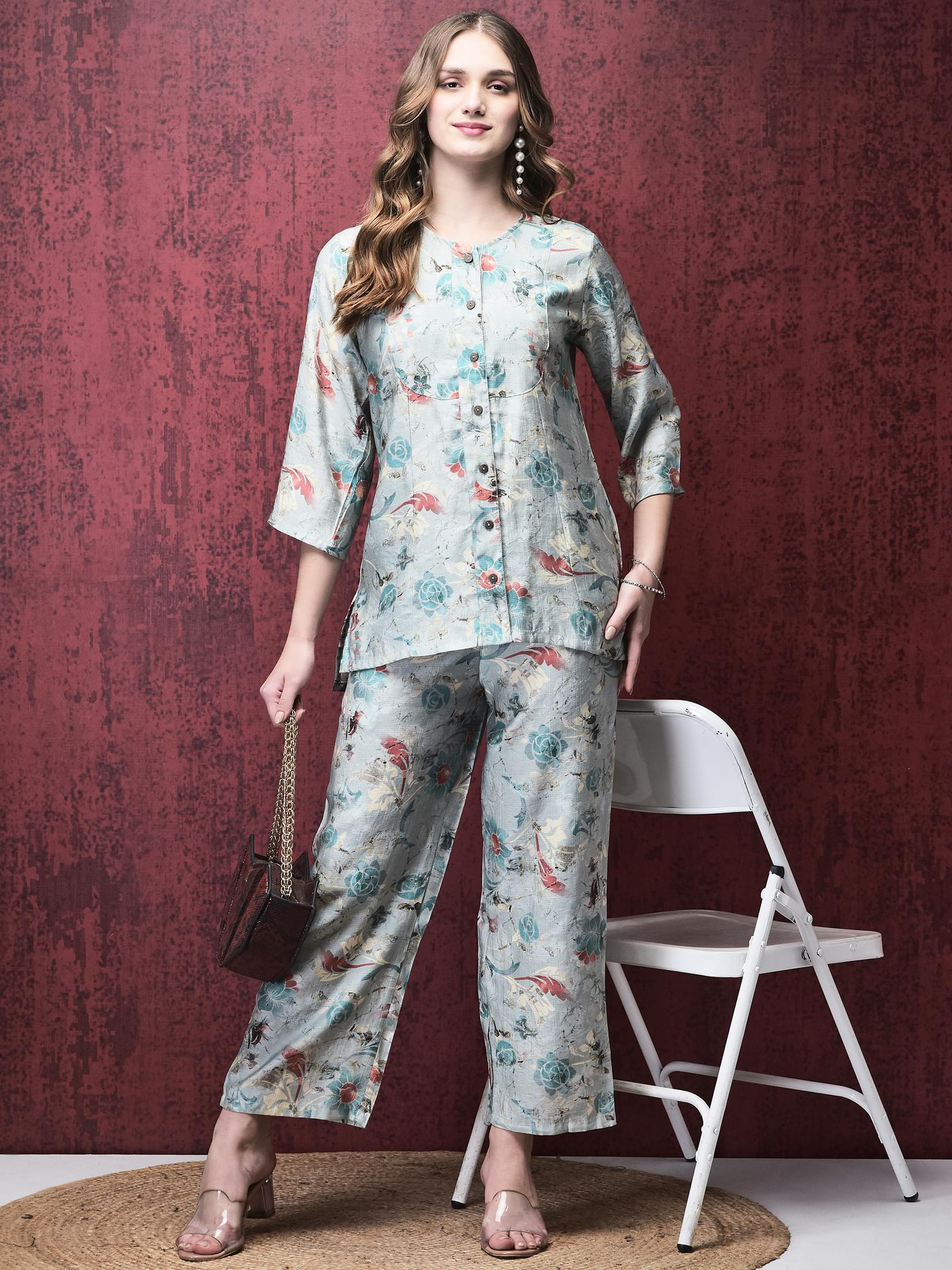 Ocean blue traditional floral trail print Khadi silk luxury boutique co-ord set