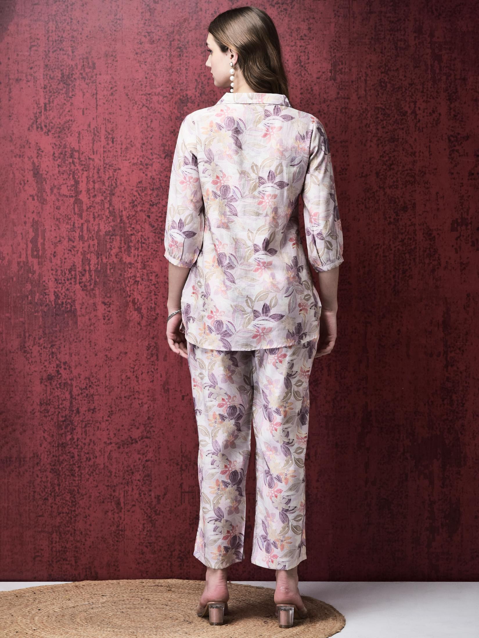 Women Khadi Silk Lilac Multi color Floral Print Co-Ord Set.