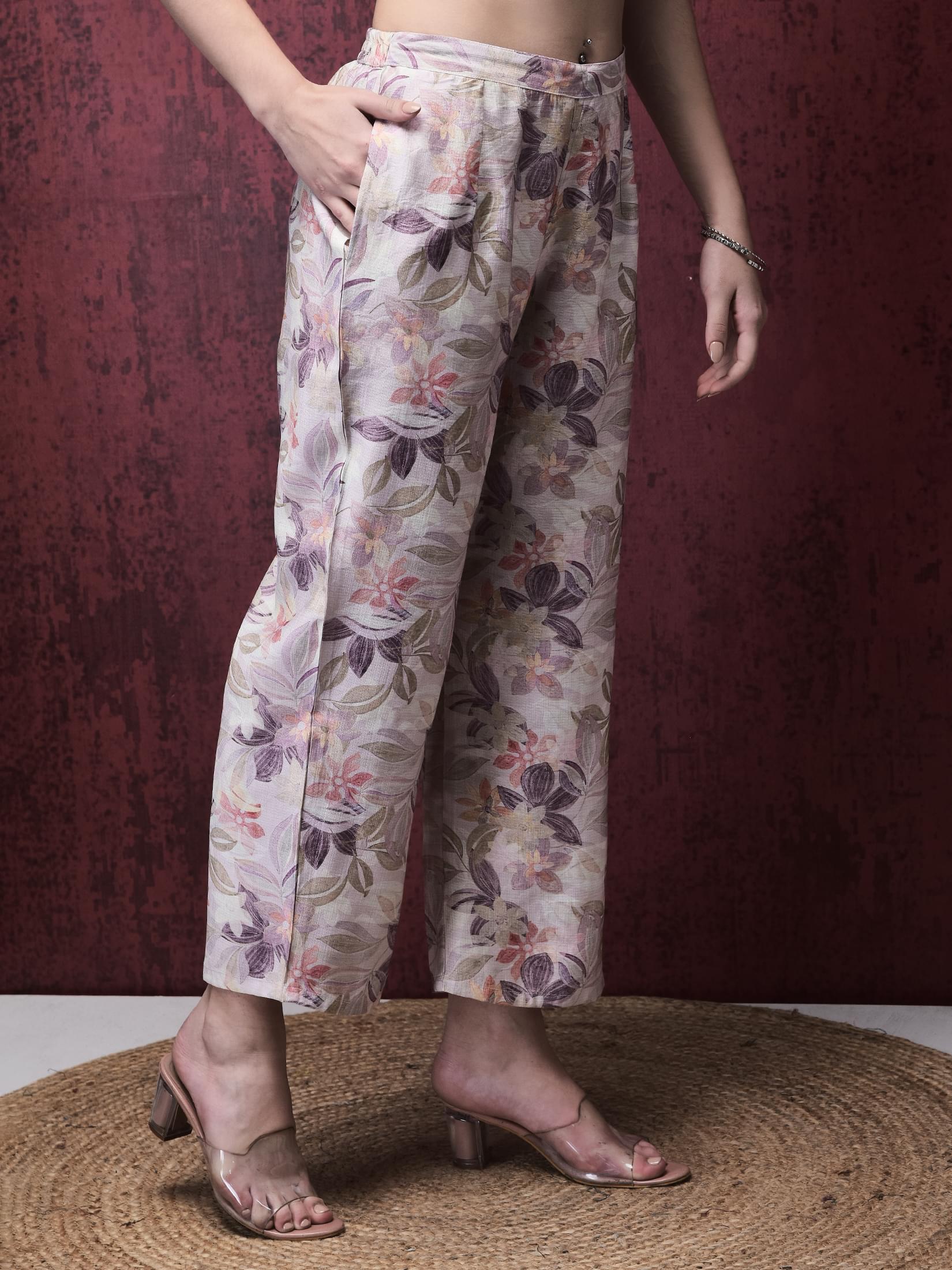 Women Khadi Silk Lilac Multi color Floral Print Co-Ord Set.
