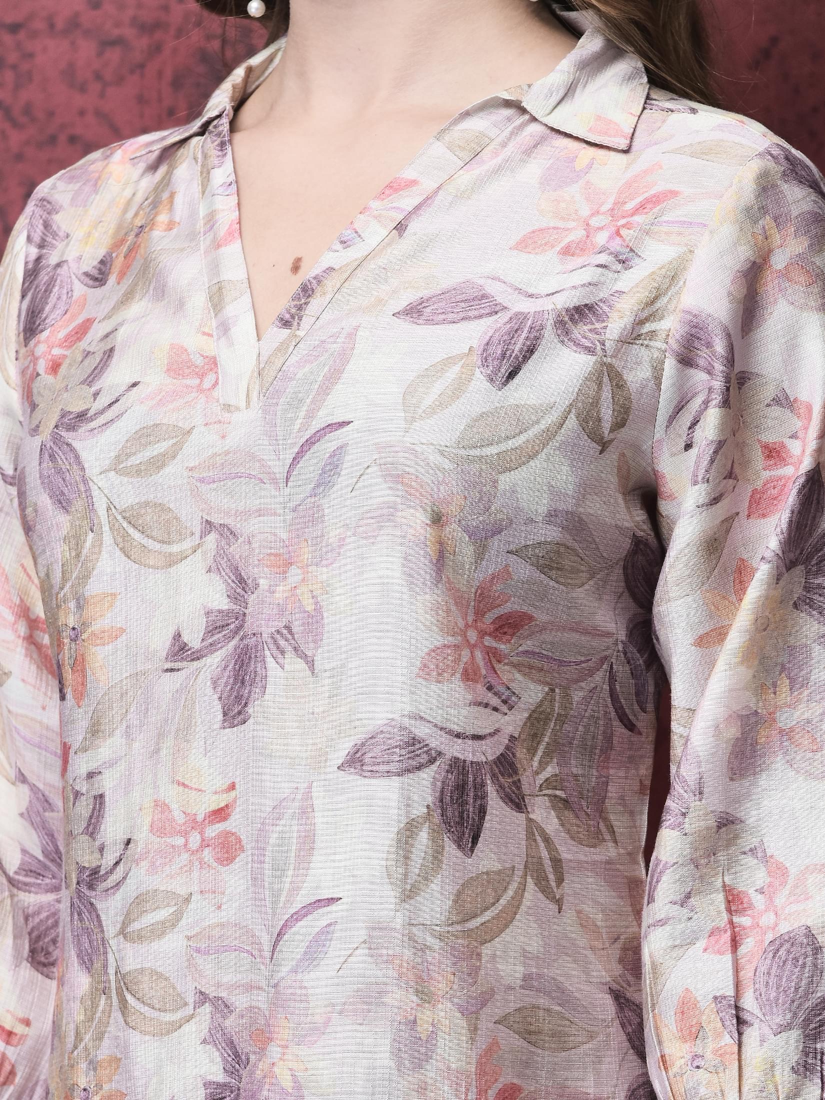 Women Khadi Silk Lilac Multi color Floral Print Co-Ord Set.
