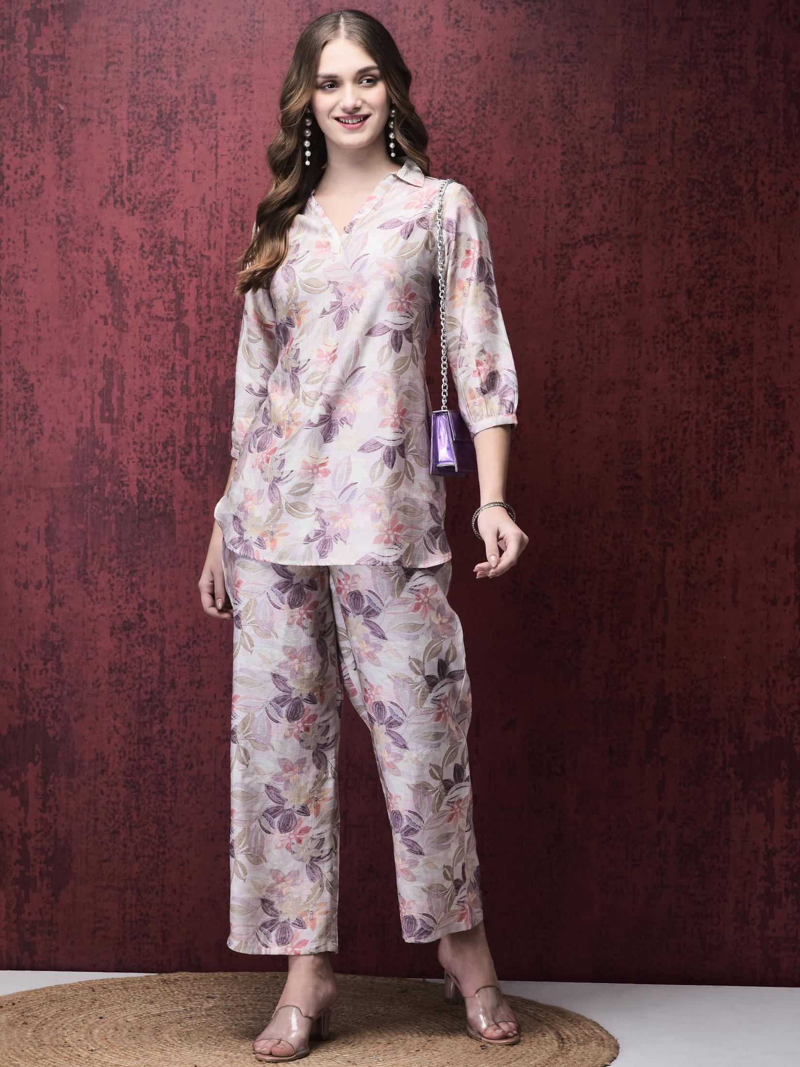 Women Khadi Silk Lilac Multi color Floral Print Co-Ord Set.