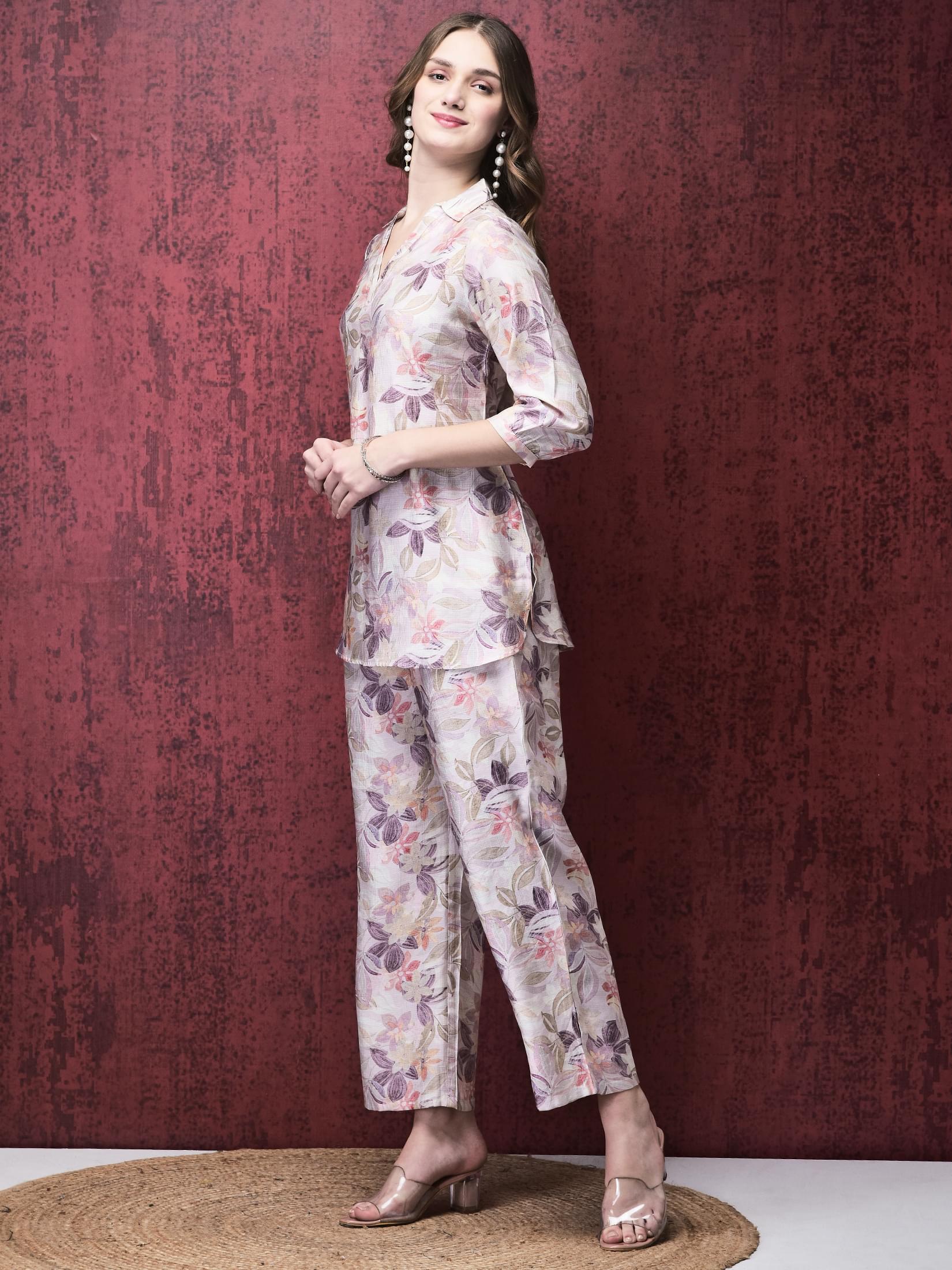Women Khadi Silk Lilac Multi color Floral Print Co-Ord Set.