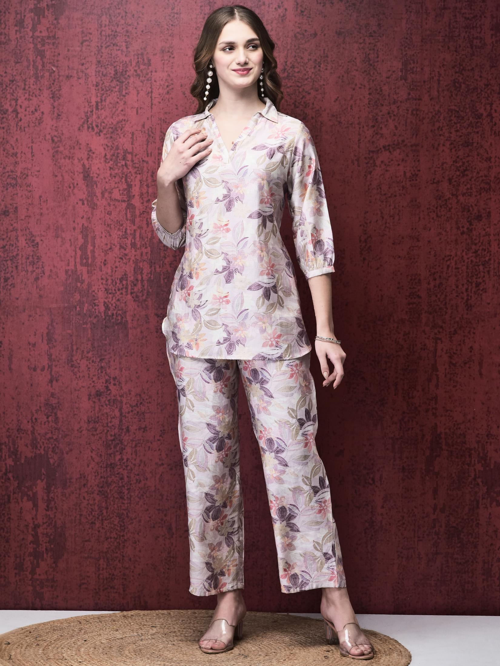 Women Khadi Silk Lilac Multi color Floral Print Co-Ord Set.