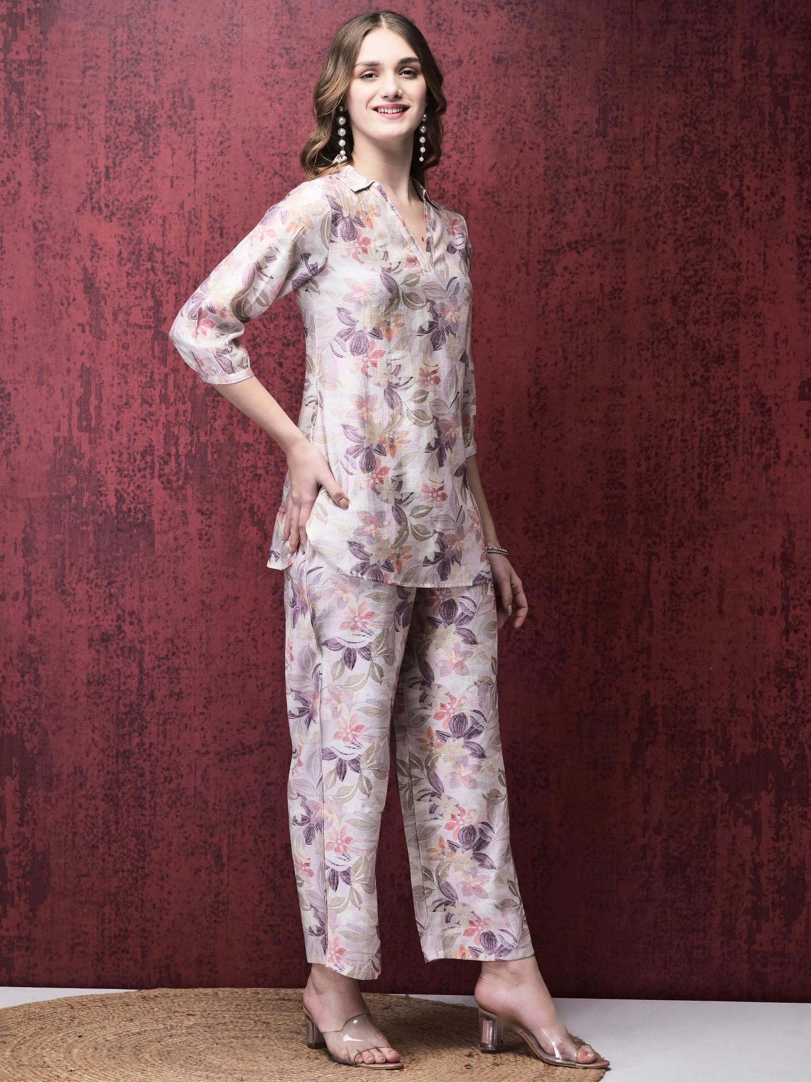 Women Khadi Silk Lilac Multi color Floral Print Co-Ord Set.