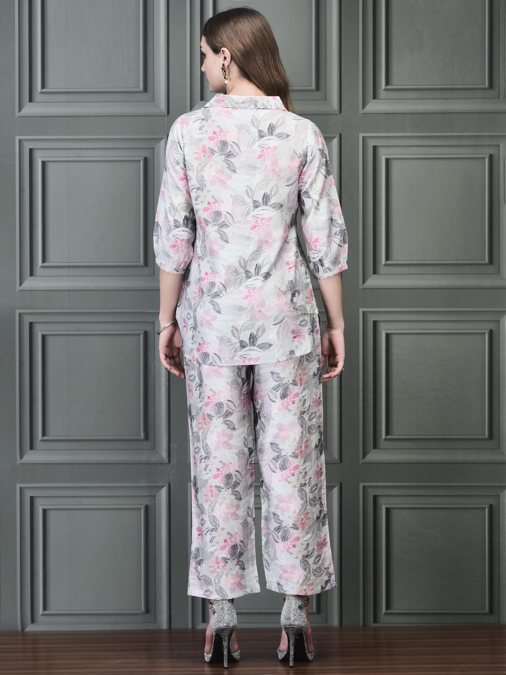 Women Khadi Silk Sage Green Multi color Floral Print Co-Ord Set.