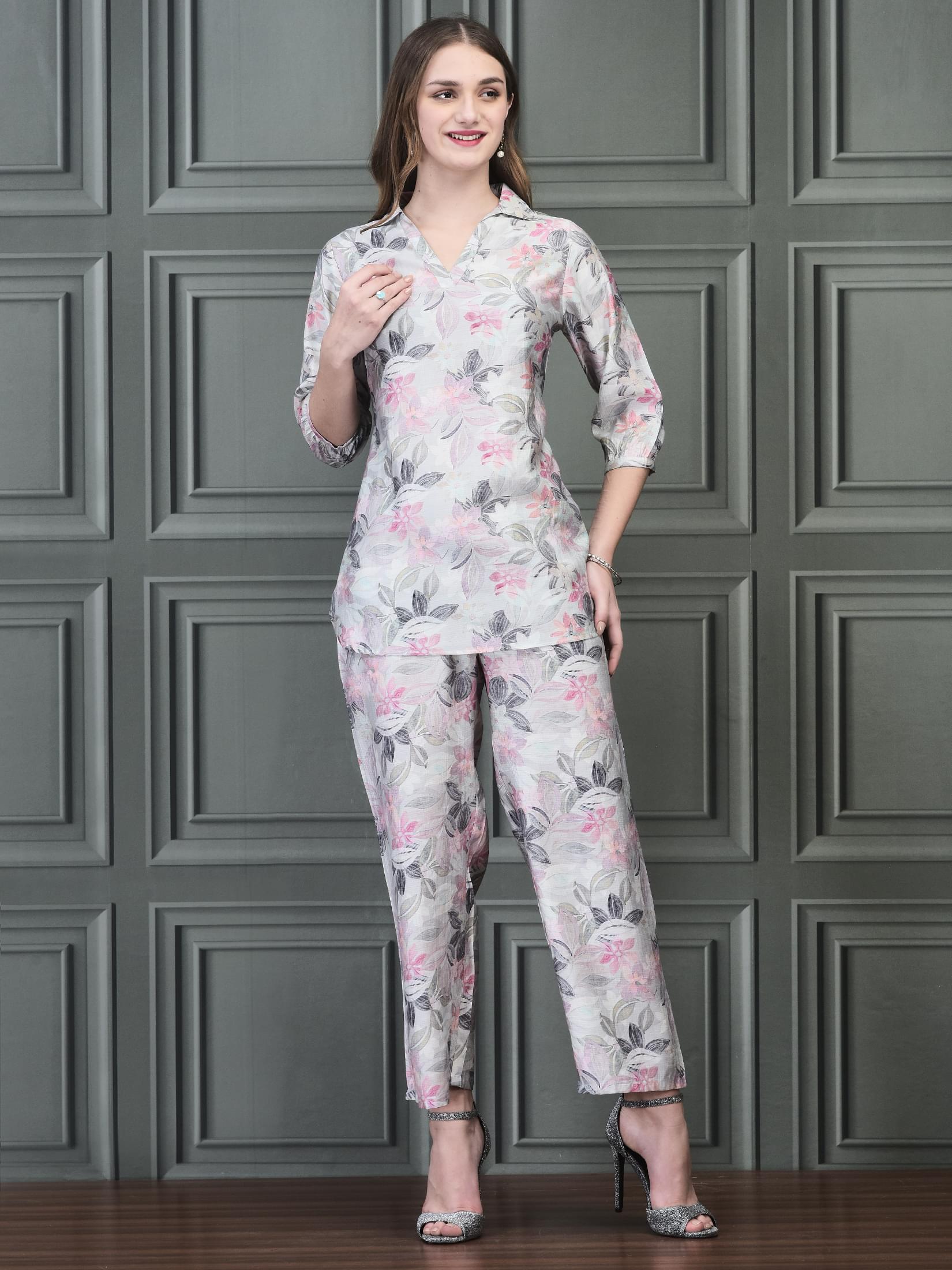 Women Khadi Silk Sage Green Multi color Floral Print Co-Ord Set.