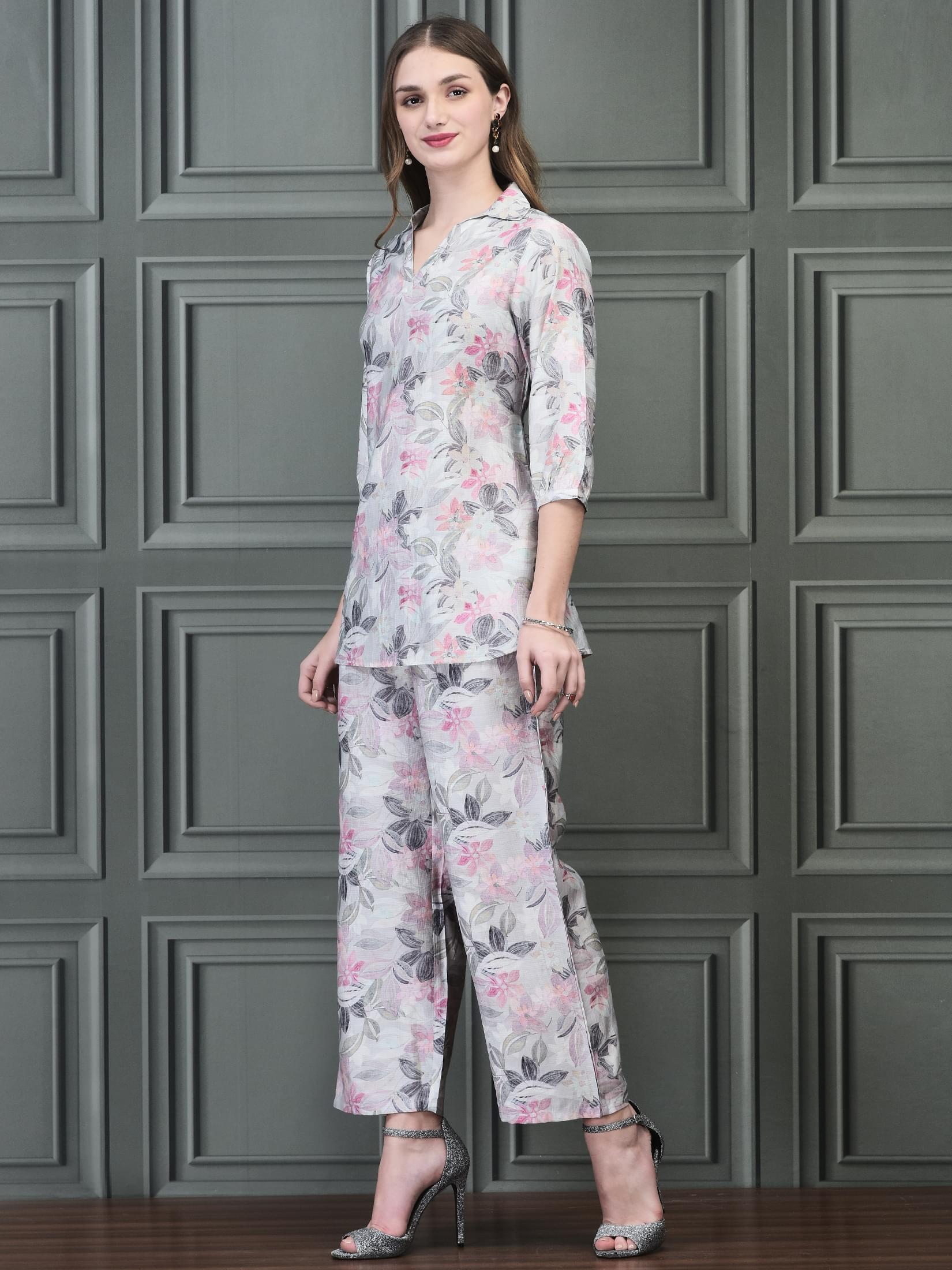 Women Khadi Silk Sage Green Multi color Floral Print Co-Ord Set.