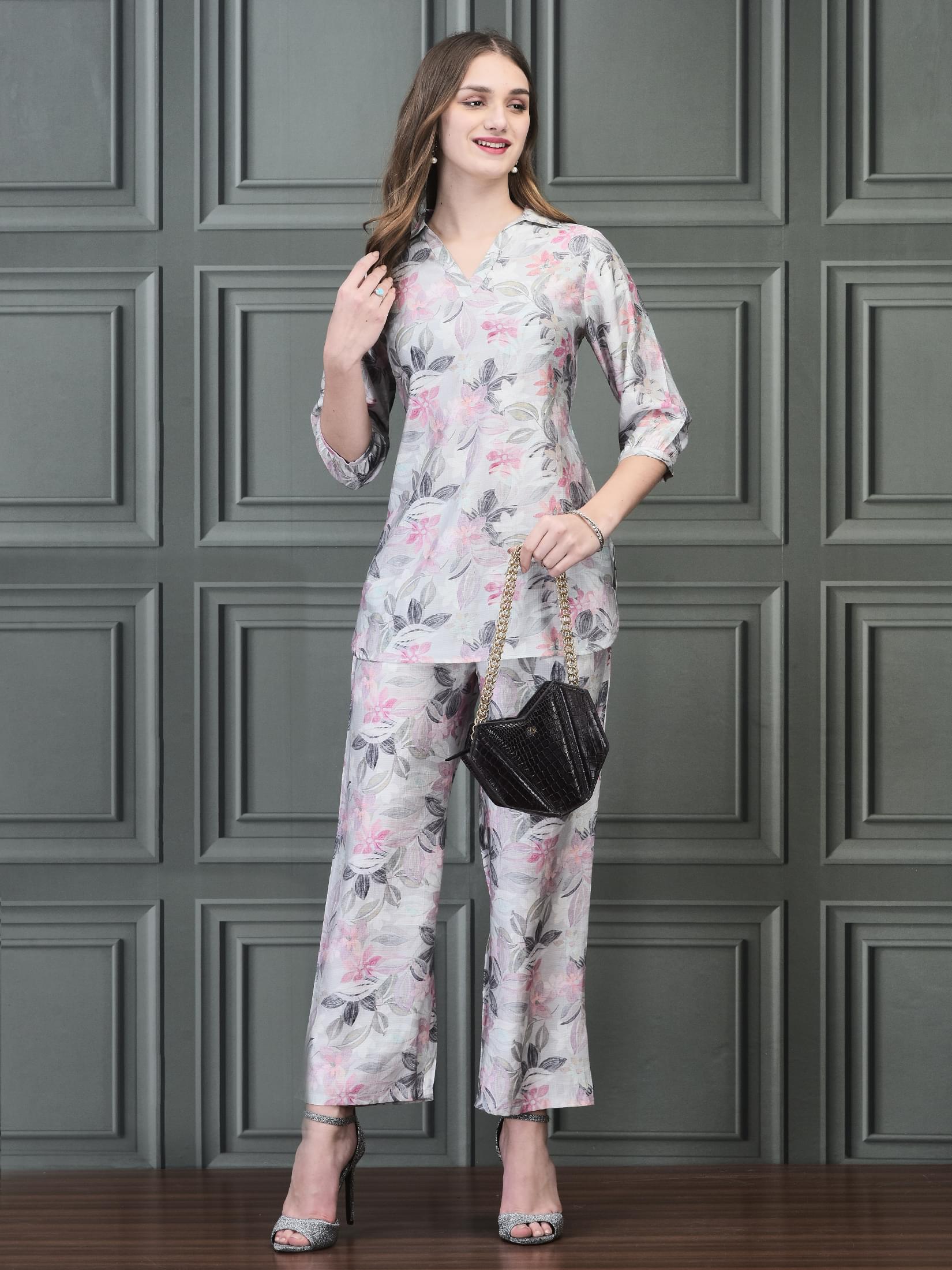 Women Khadi Silk Sage Green Multi color Floral Print Co-Ord Set.