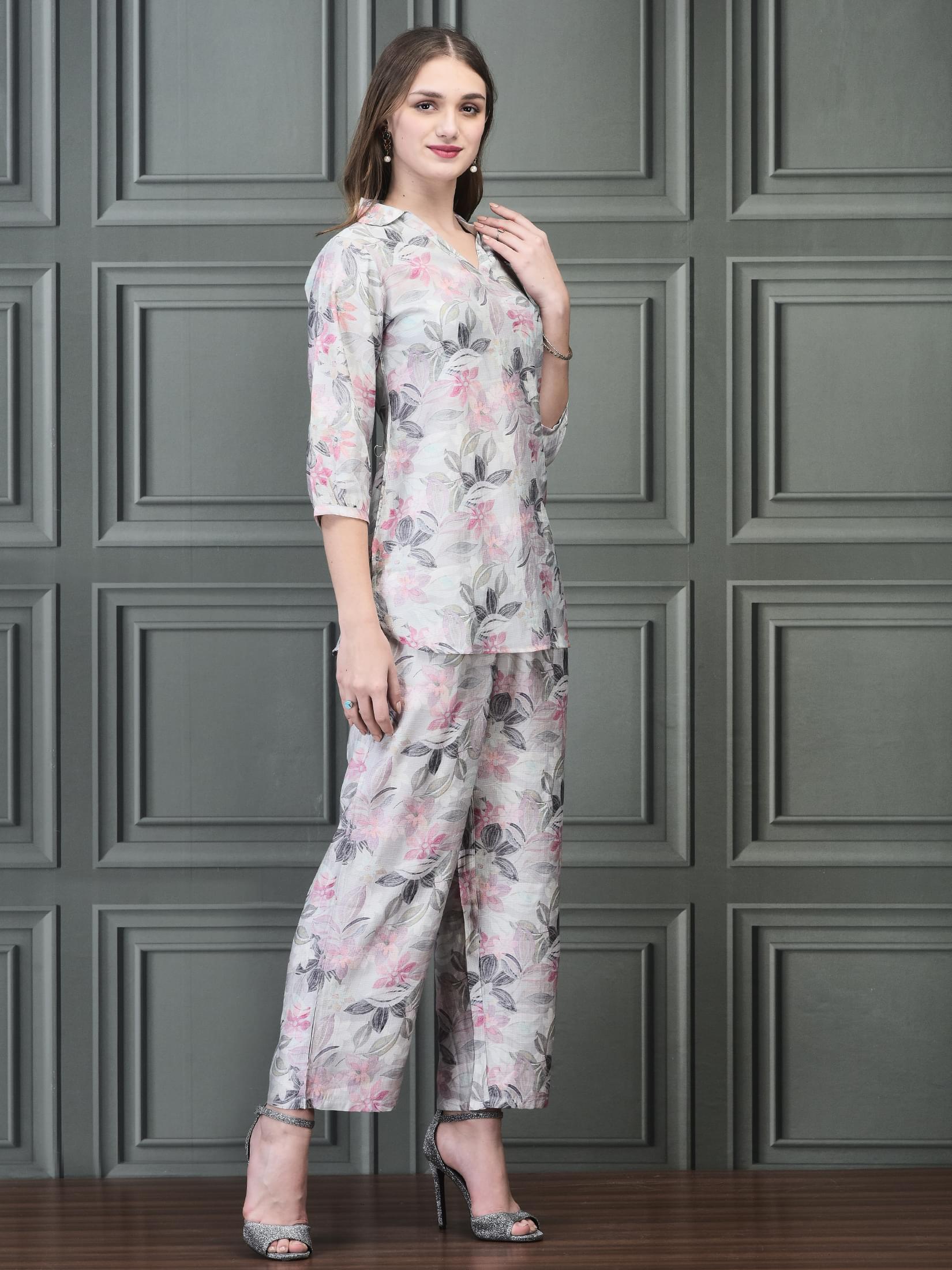 Women Khadi Silk Sage Green Multi color Floral Print Co-Ord Set.