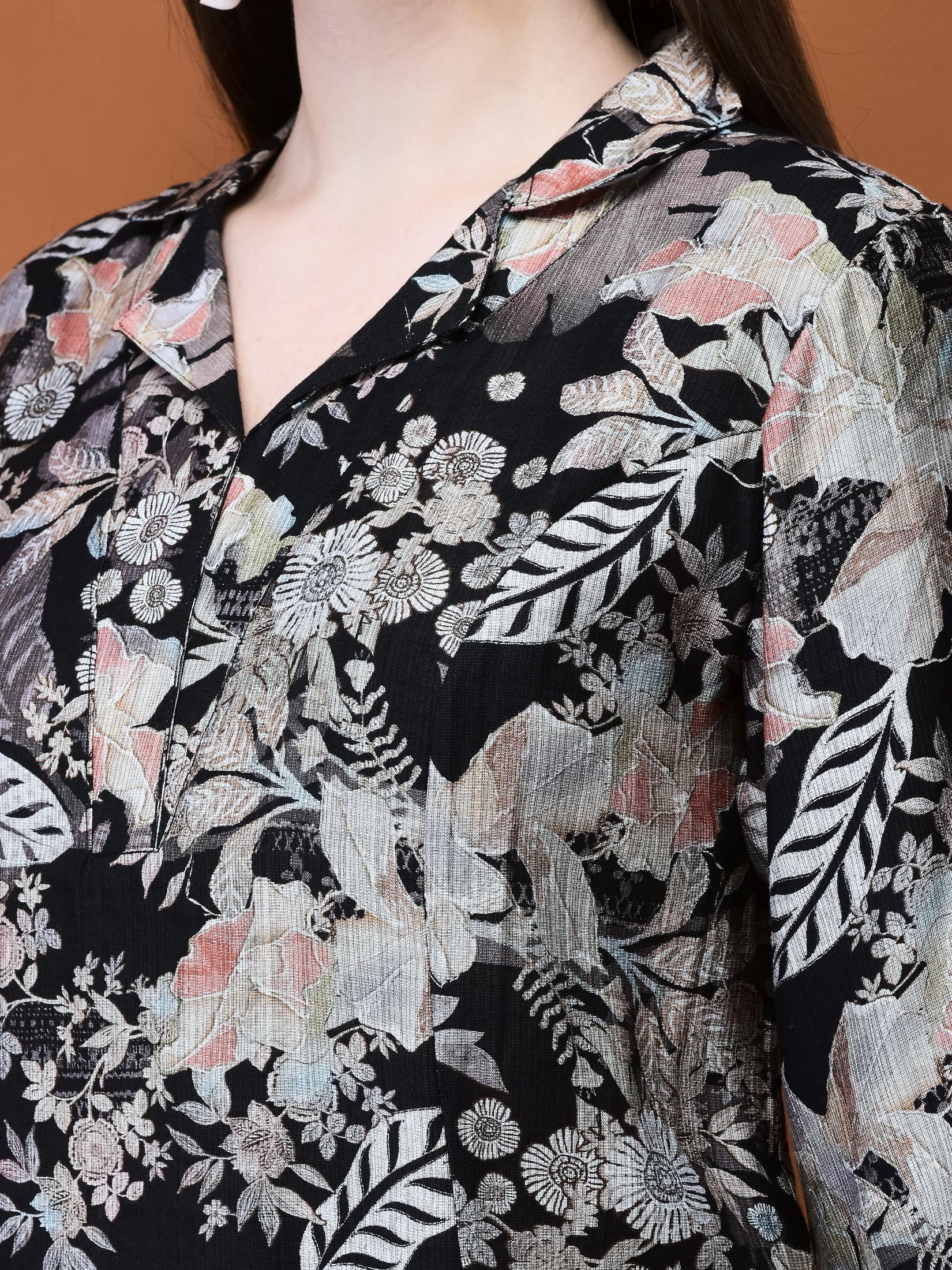 Women Silk Blend Black Floral Print Co-Ord Set.