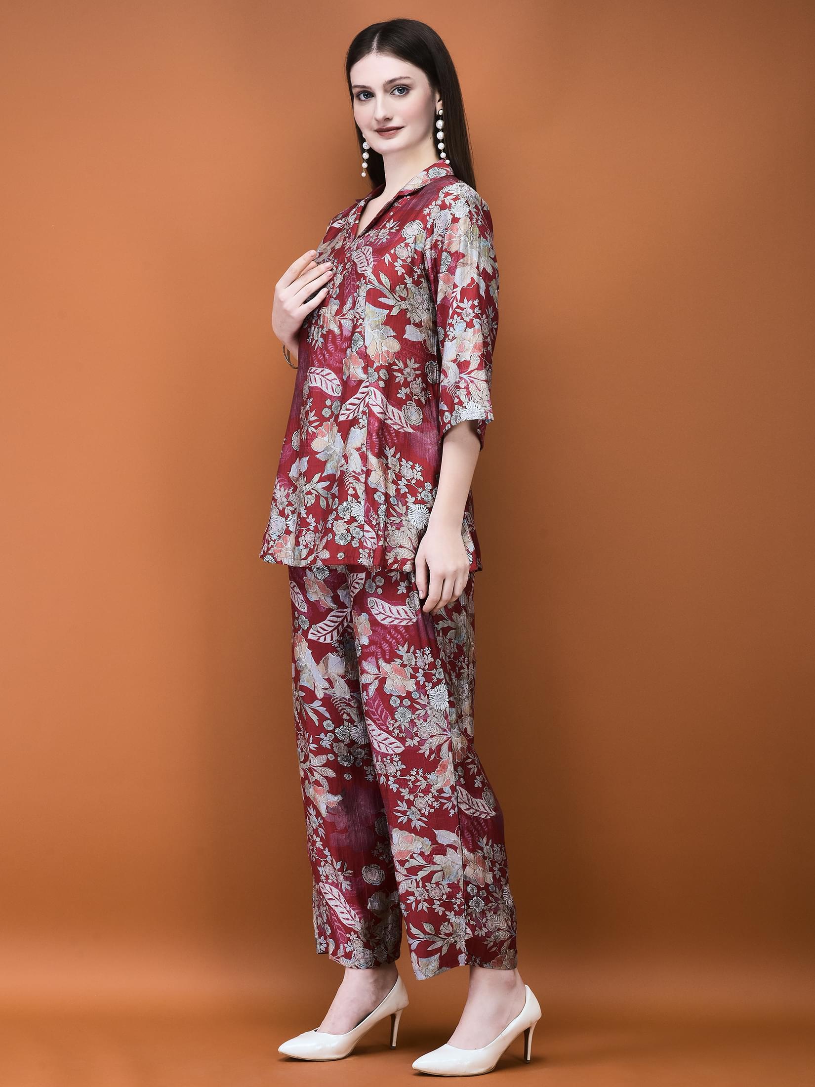 Women Silk Blend Red Floral Print Co-Ord Set.