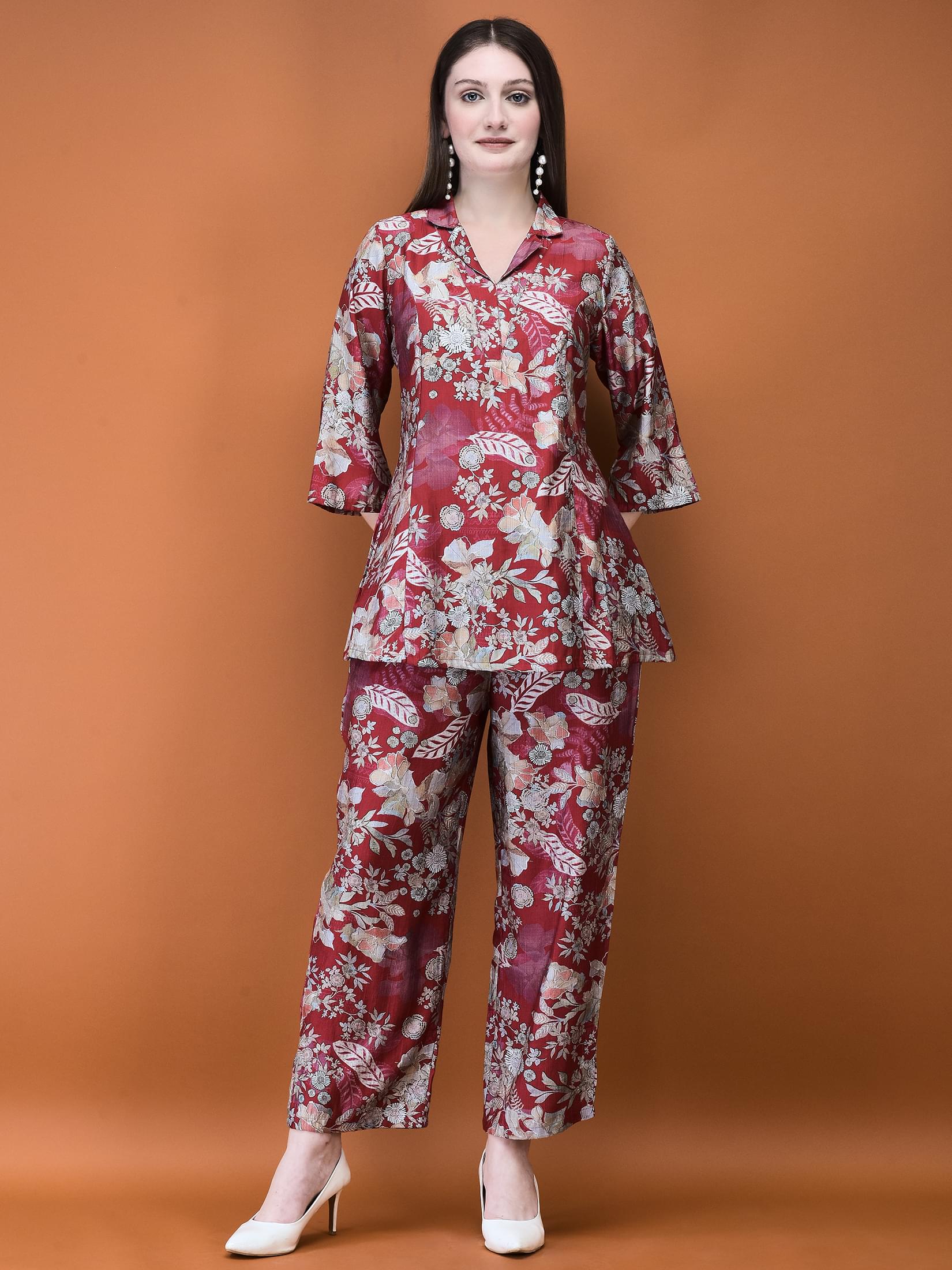 Women Silk Blend Red Floral Print Co-Ord Set.