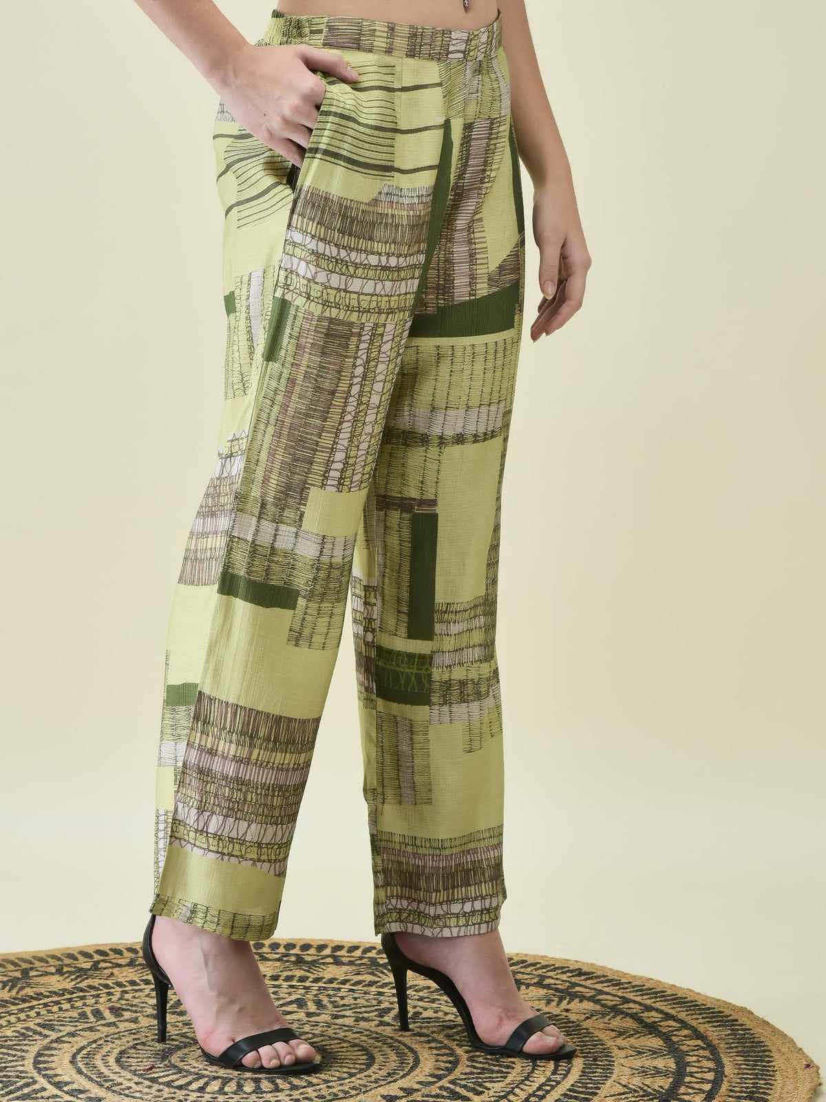 Women Liva Khadi Silk Multicolor Geometric Print Co-Ord Set.