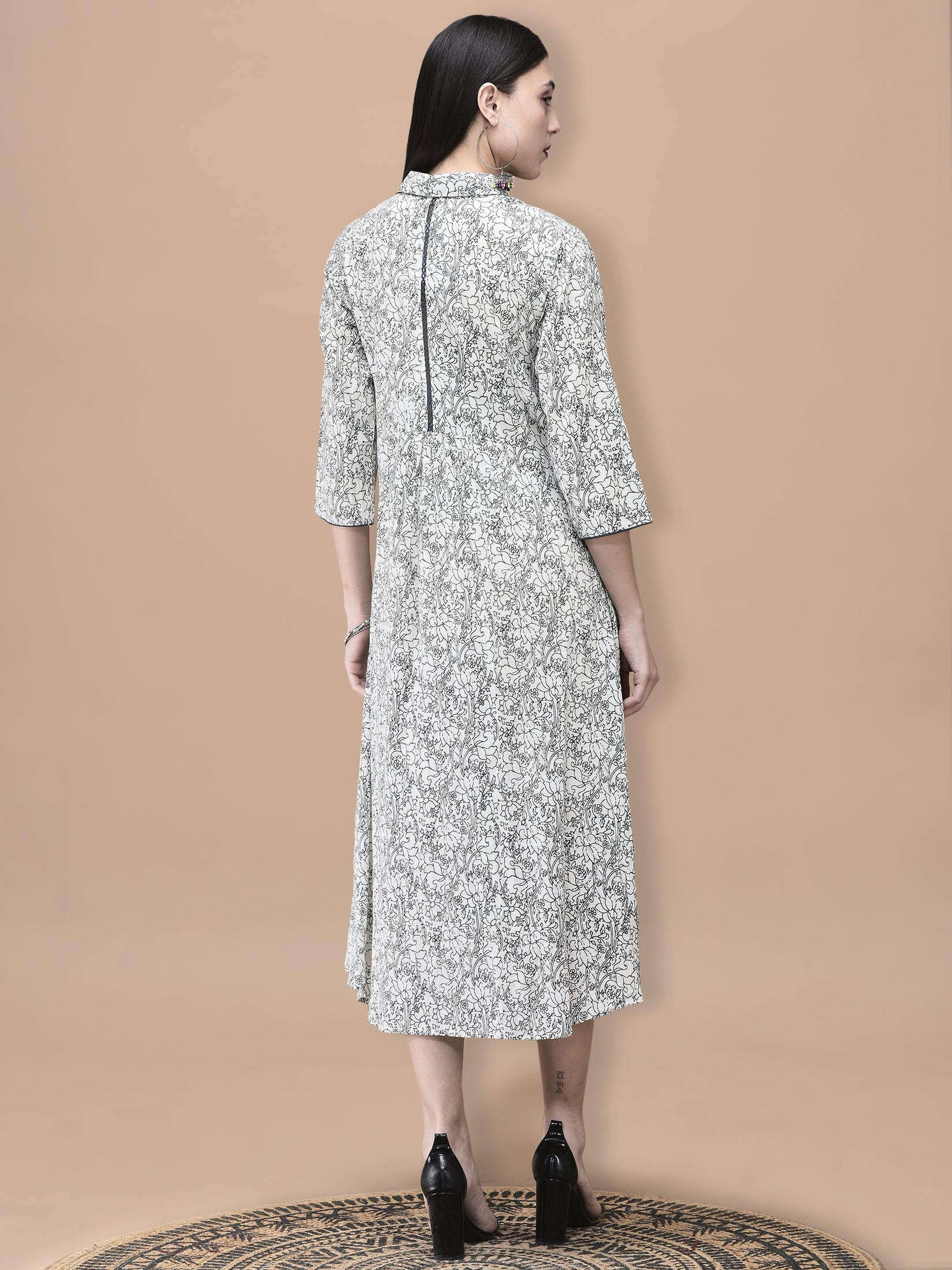 Women Cotton Off White and Blue Floral Print Dress