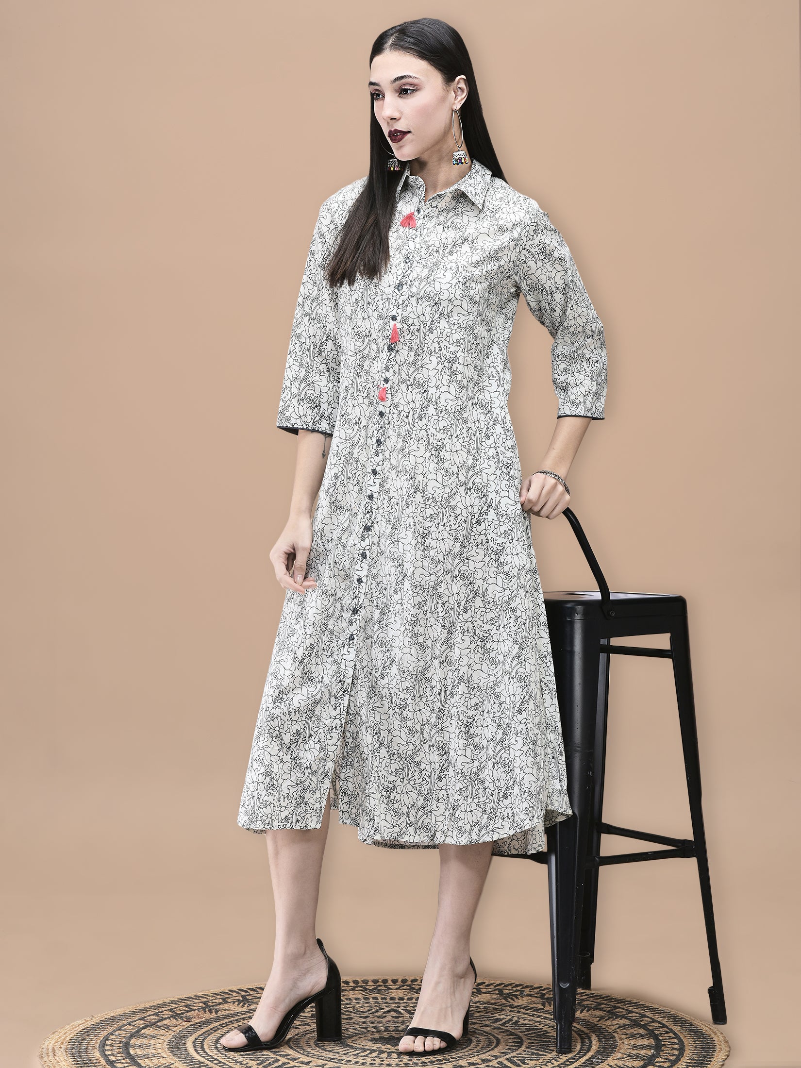 Women Cotton Off White and Blue Floral Print Dress