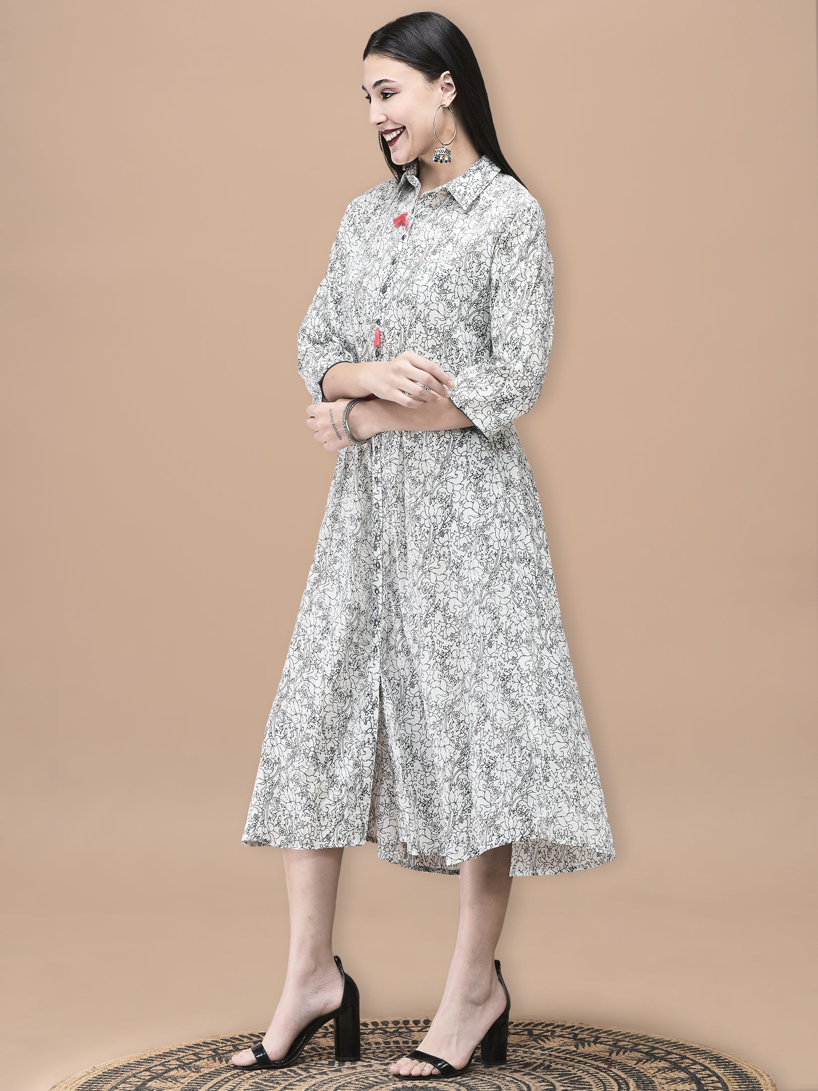Women Cotton Off White and Blue Floral Print Dress