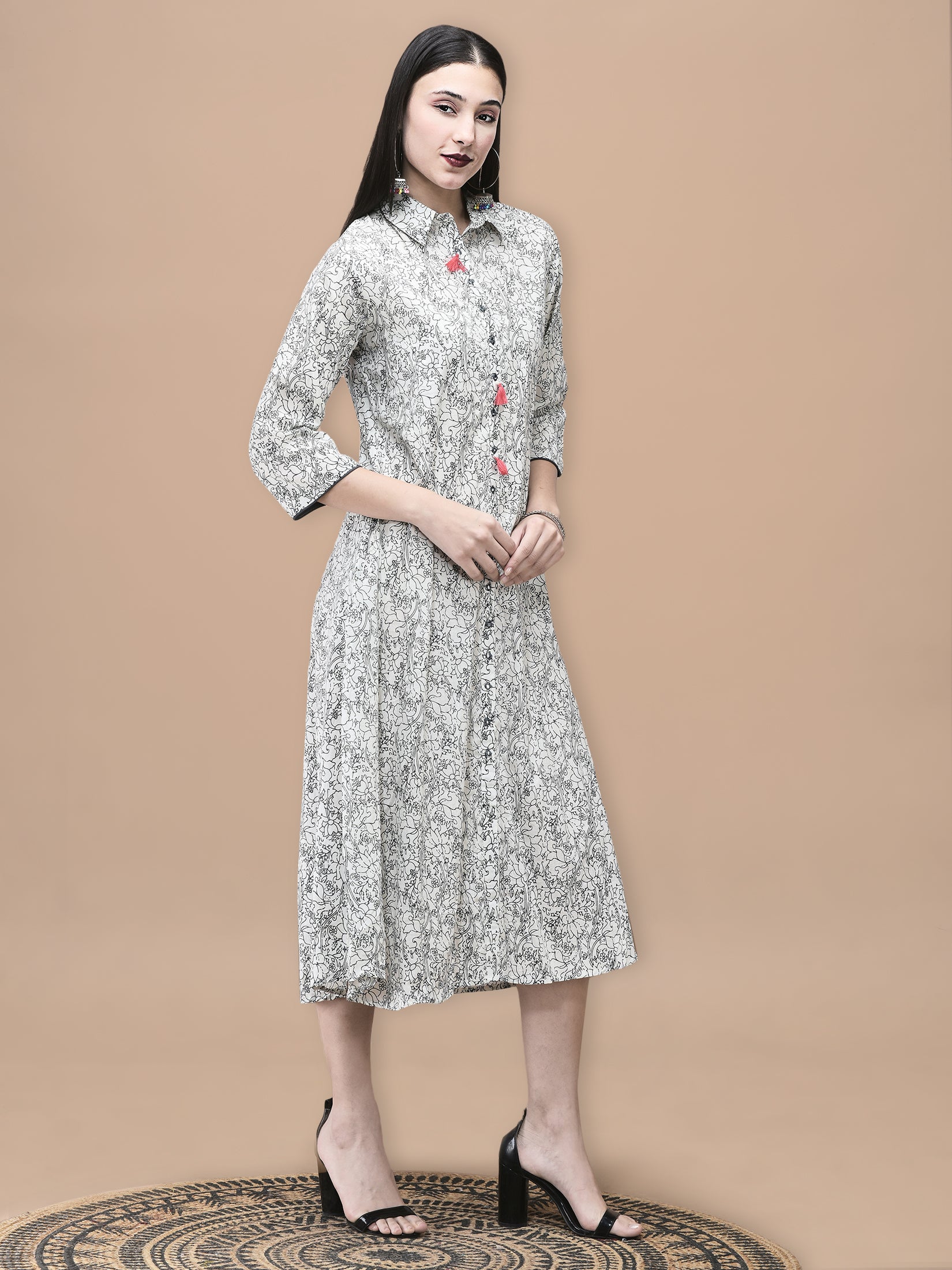 Women Cotton Off White and Blue Floral Print Dress