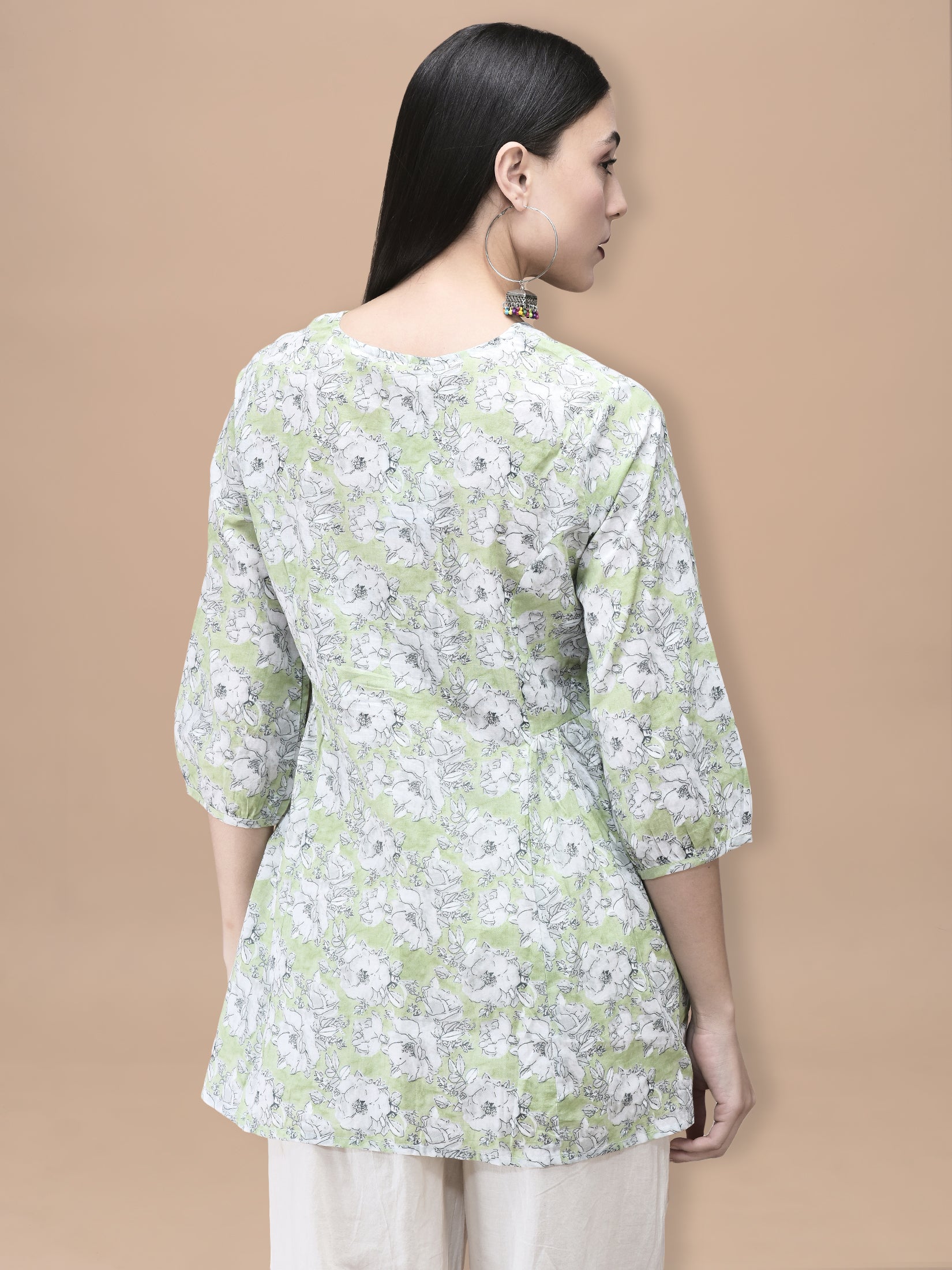 Women Cotton Green Floral Print Tunic
