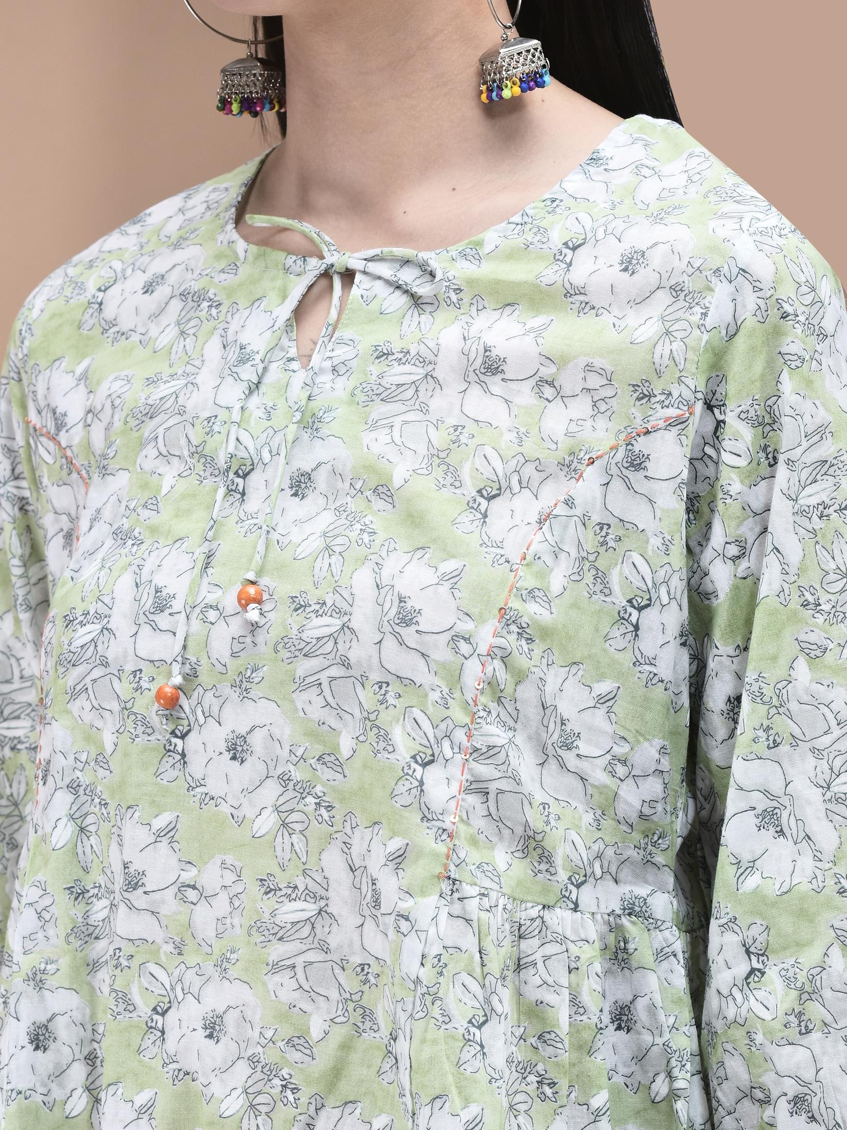 Women Cotton Green Floral Print Tunic.