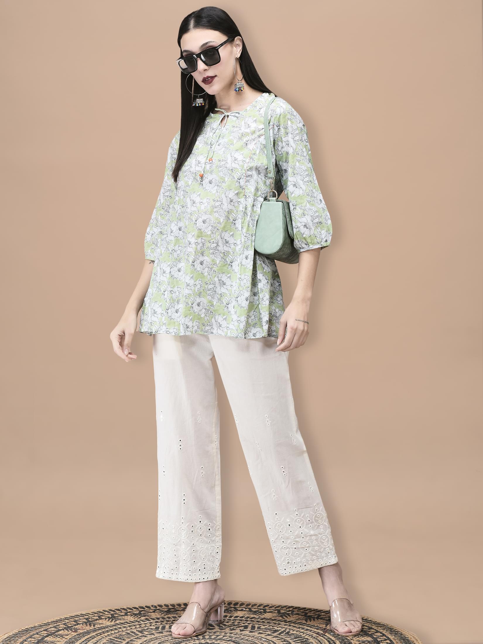 Women Cotton Green Floral Print Tunic.