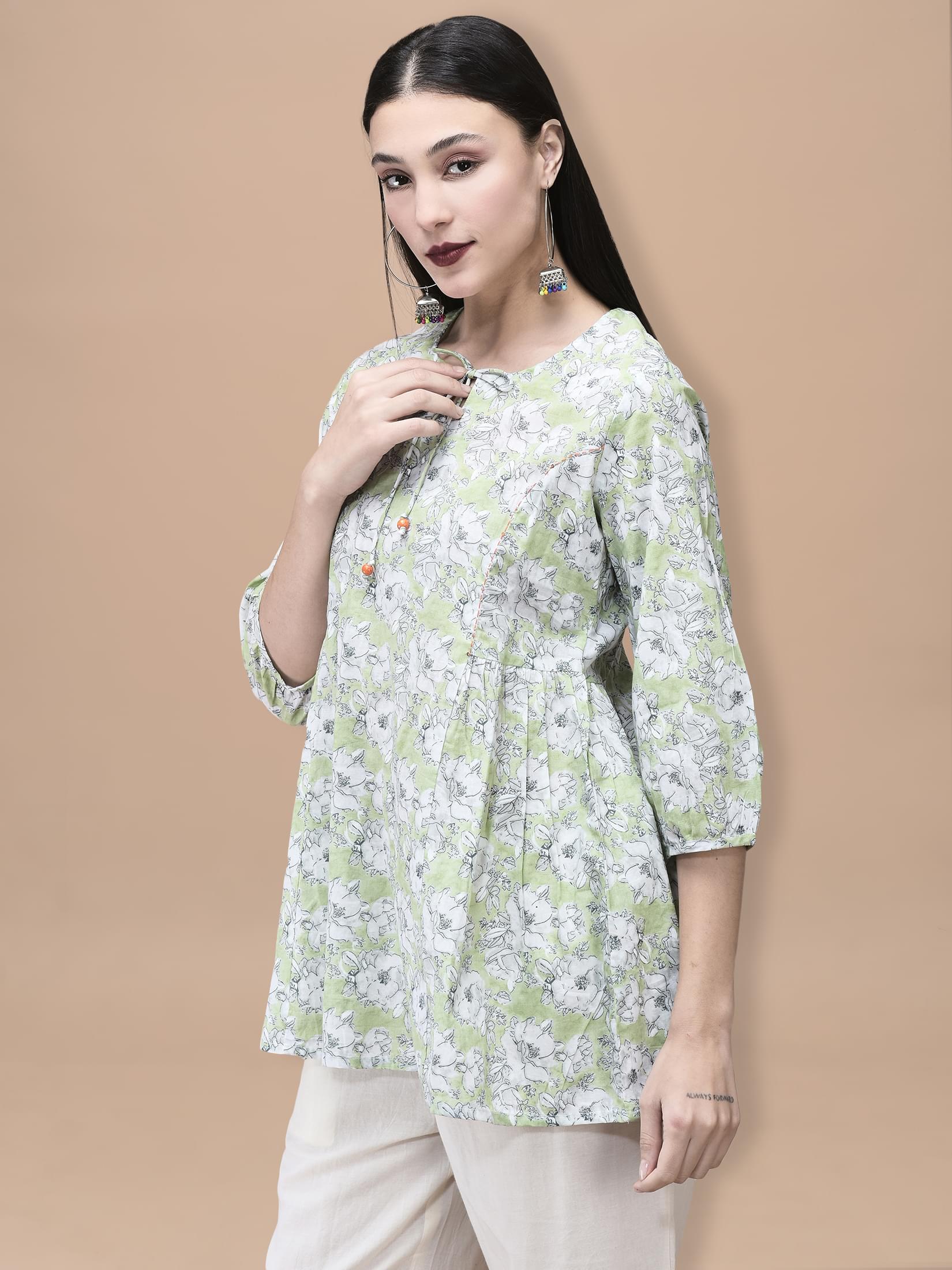 Women Cotton Green Floral Print Tunic.