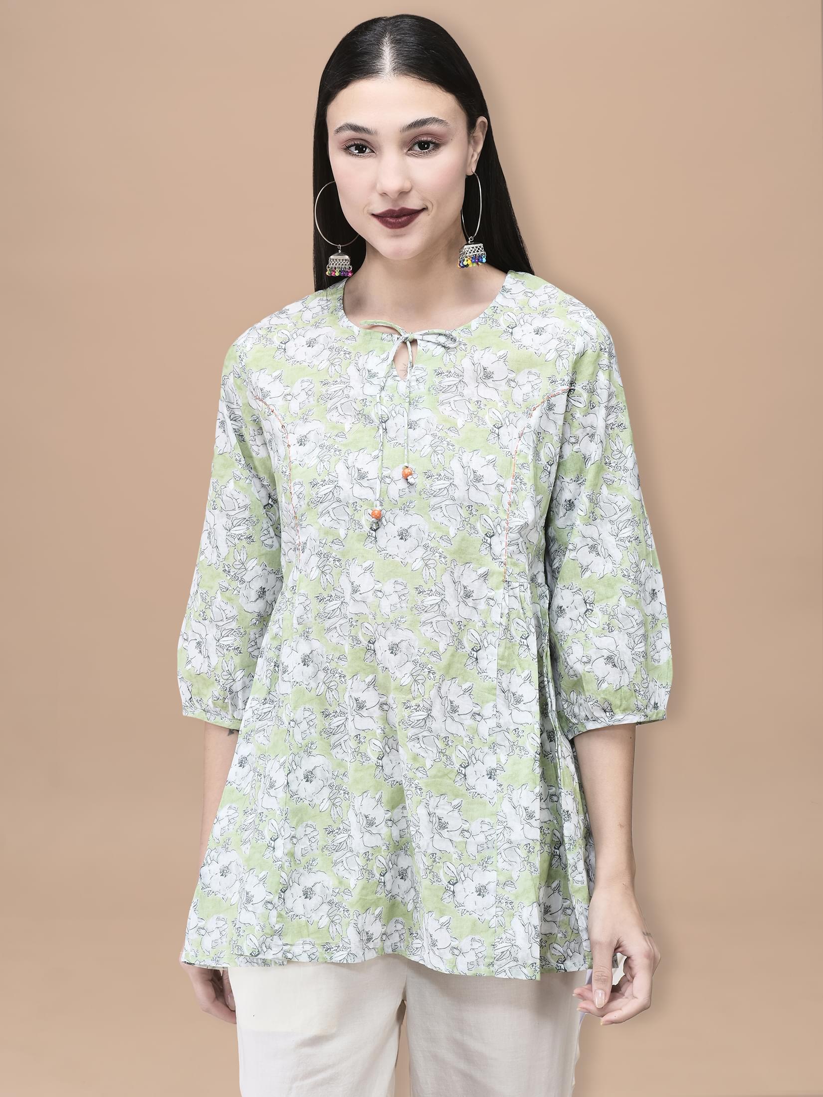 Leaf green fresh floral print breathable cotton casual summer tunic