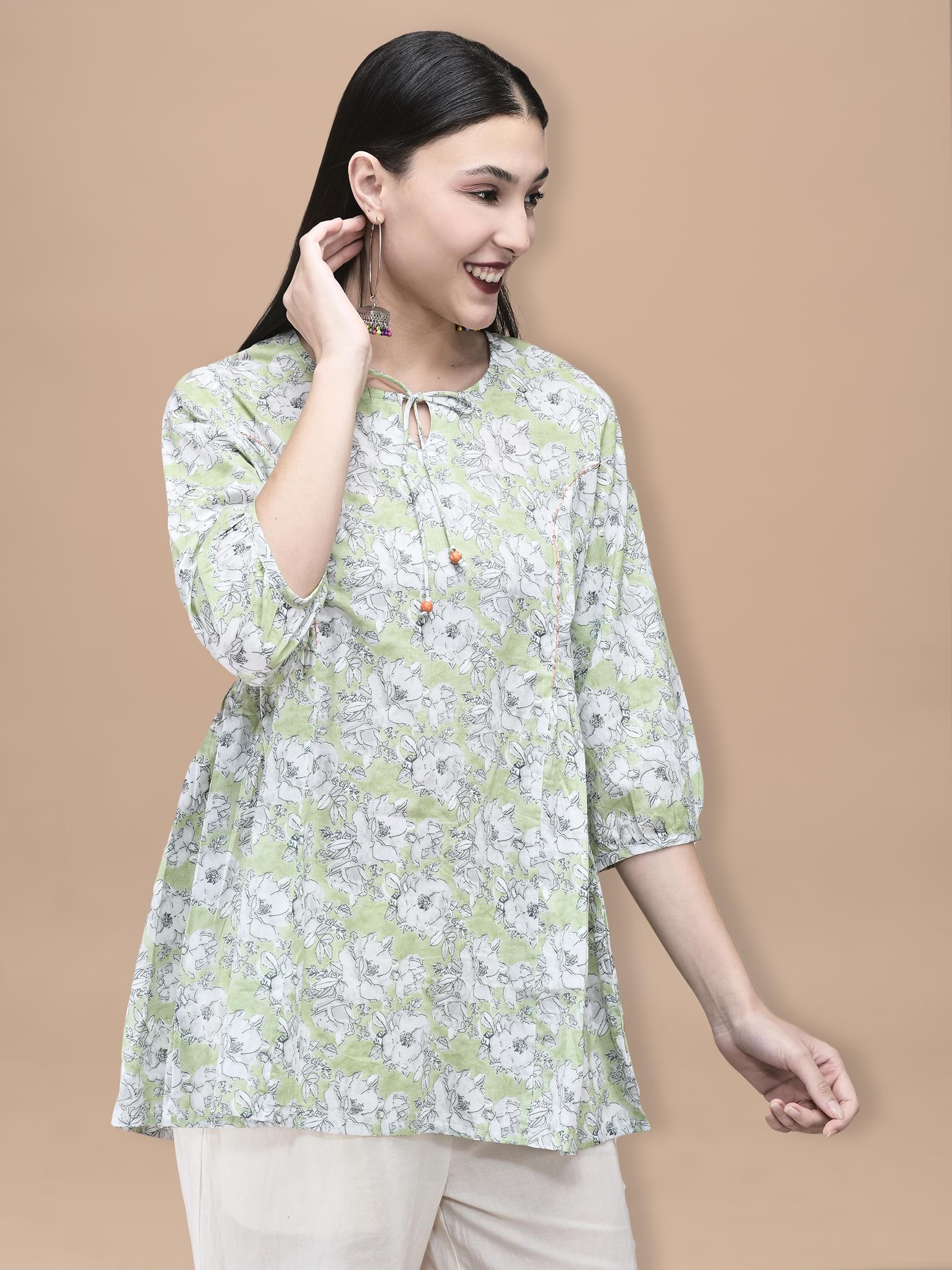 Women Cotton Green Floral Print Tunic.