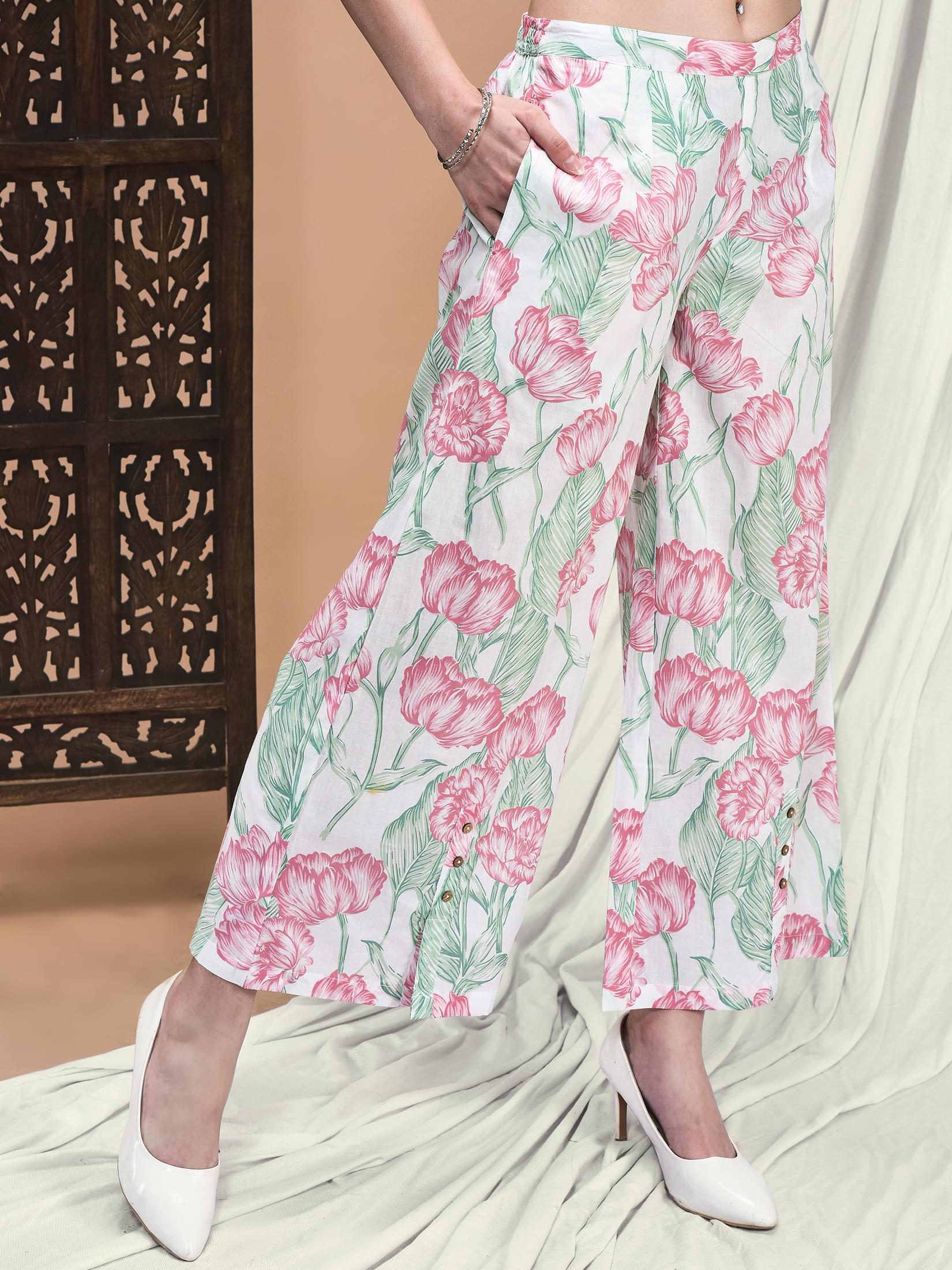 Women Cotton Cambric White and Pink Jaipur Motifs Print Co-Ord Set.
