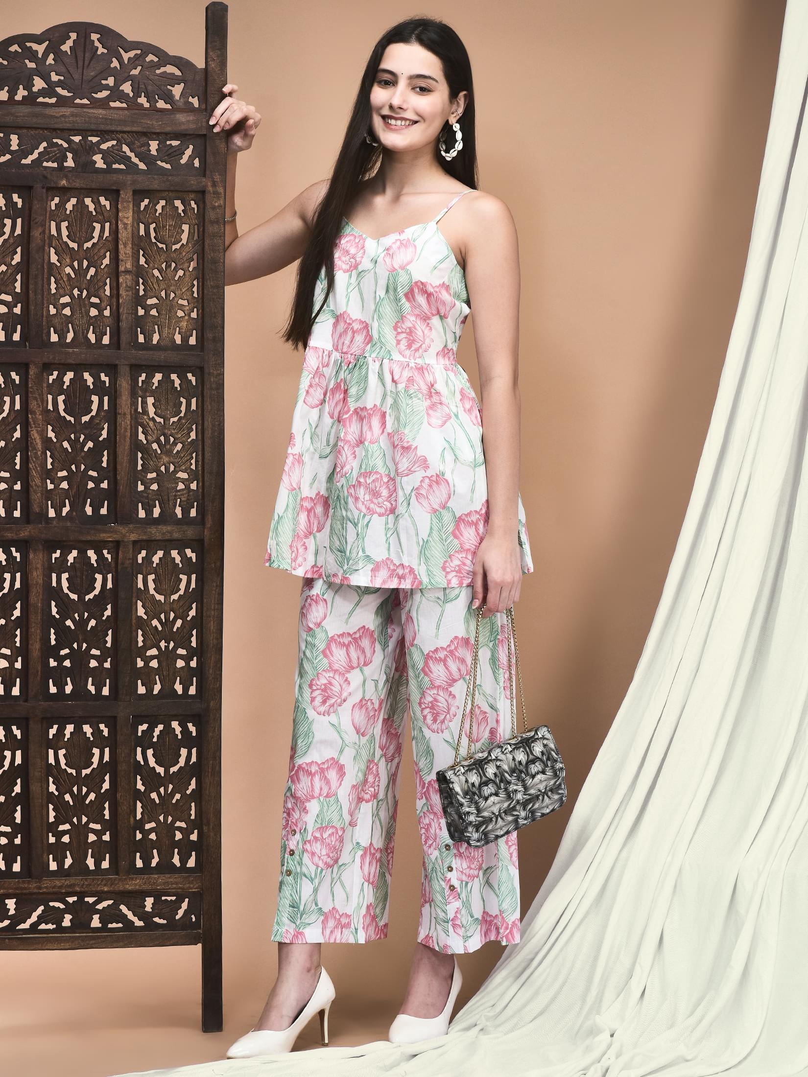 White and pink heritage Jaipur motifs print cotton cambric trendy co-ord set