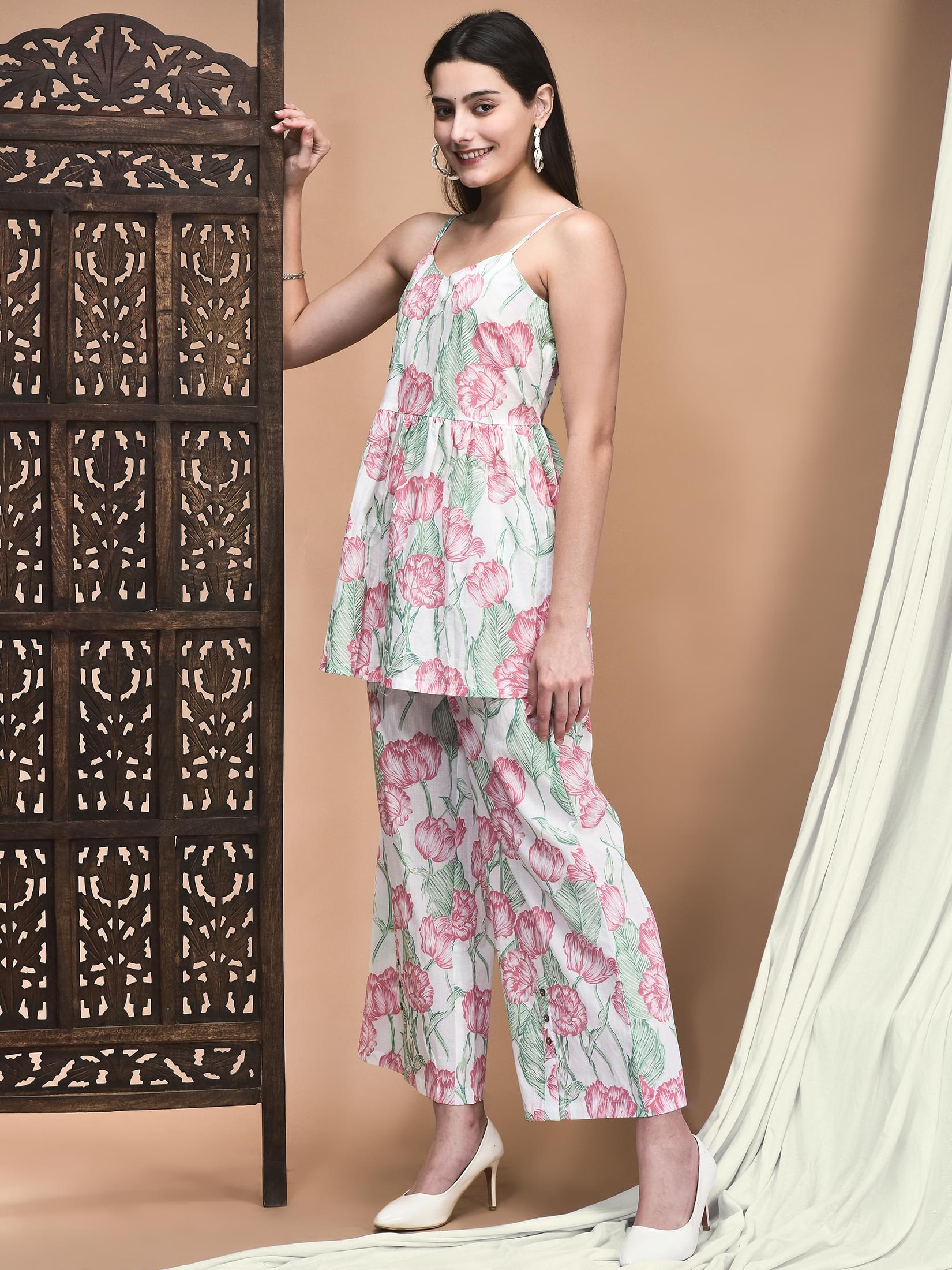Women Cotton Cambric White and Pink Jaipur Motifs Print Co-Ord Set.