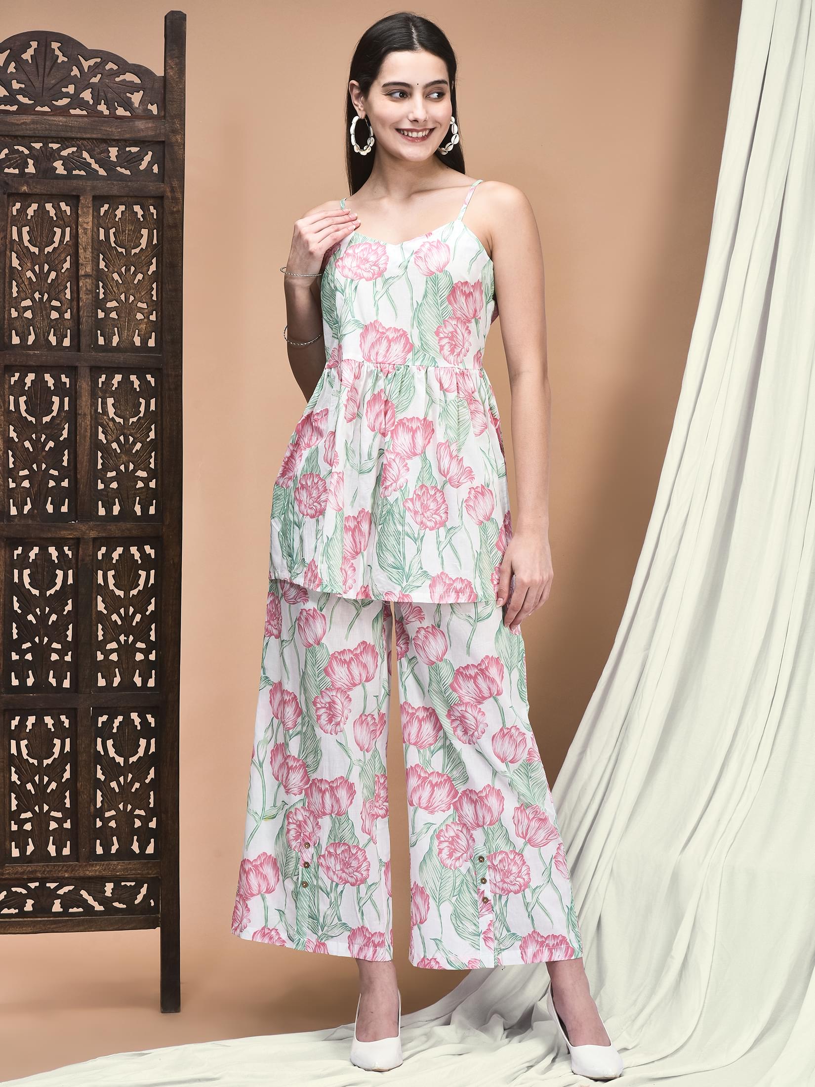 Women Cotton Cambric White and Pink Jaipur Motifs Print Co-Ord Set.