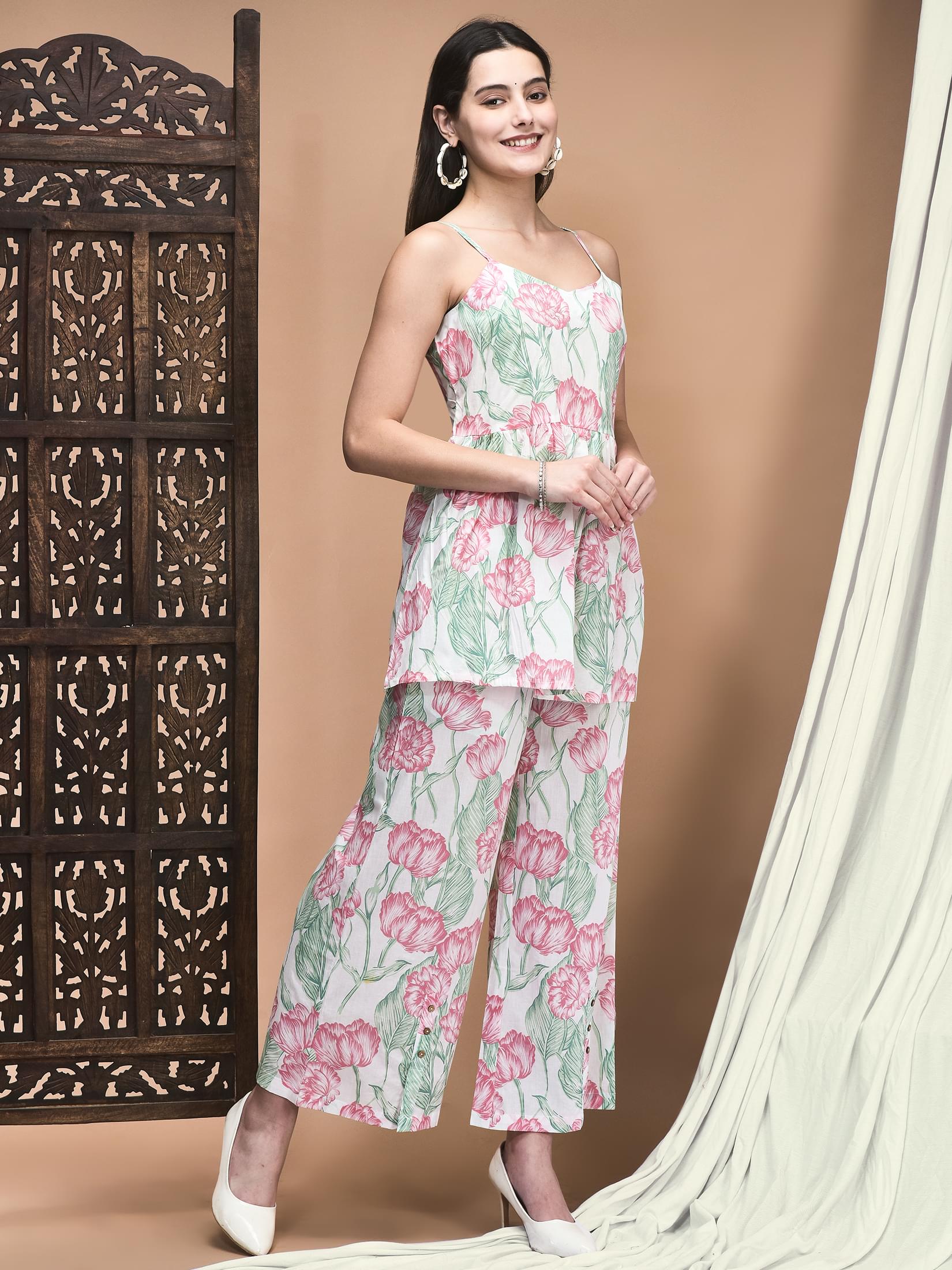 Women Cotton Cambric White and Pink Jaipur Motifs Print Co-Ord Set.