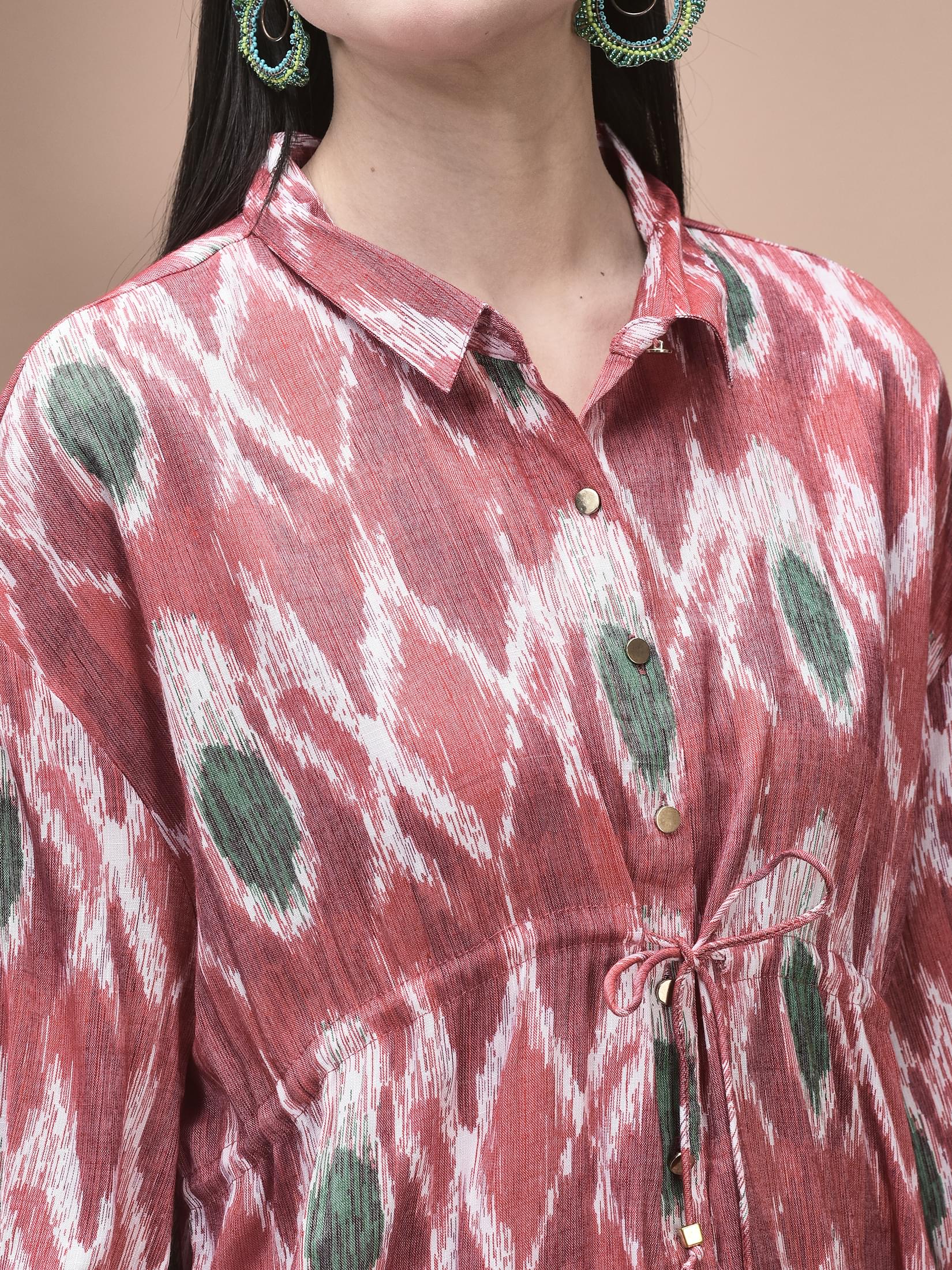 Women Liva Red Abstract Print Co-Ord Set.