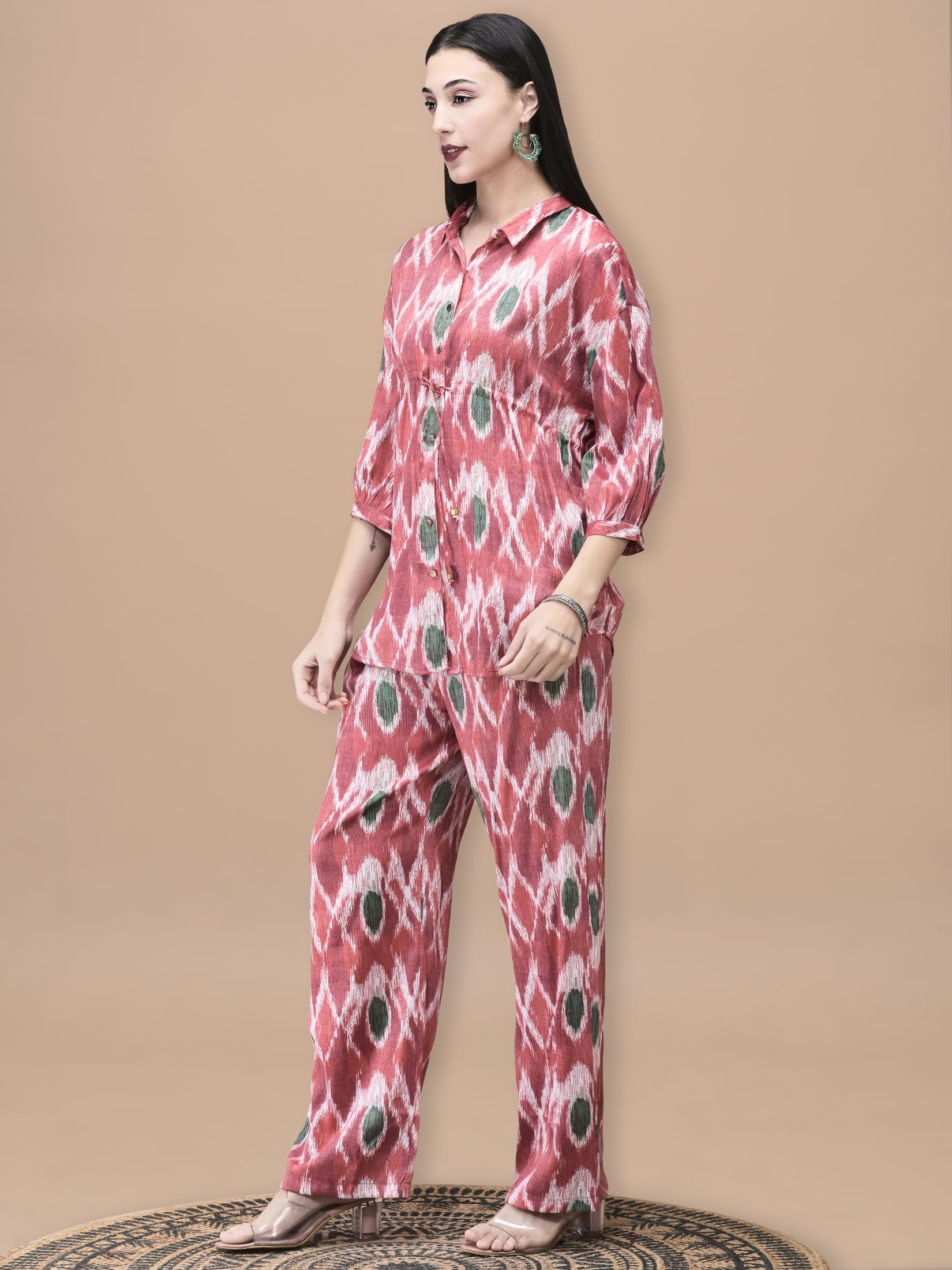 Women Liva Red Abstract Print Co-Ord Set.