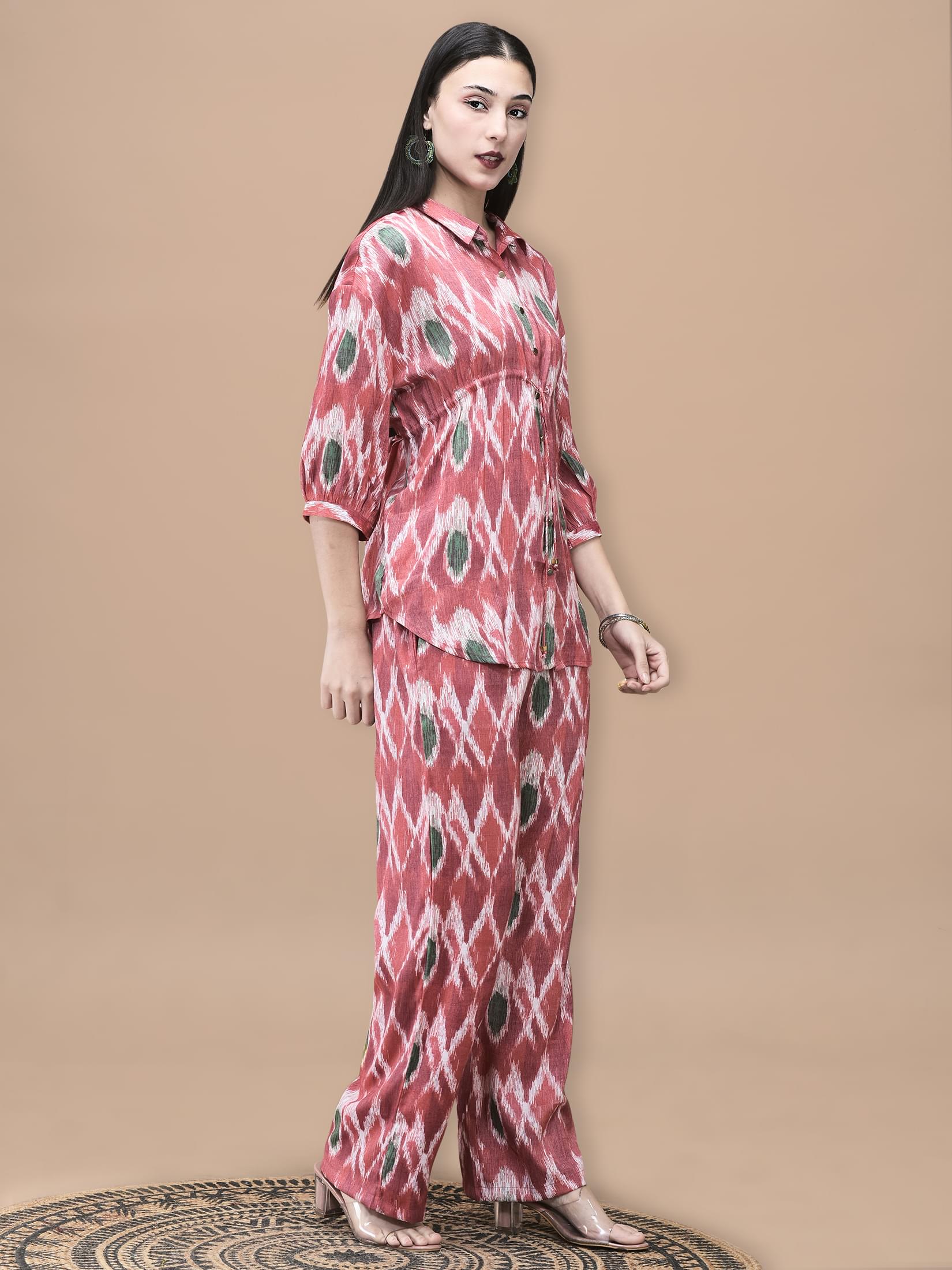 Women Liva Red Abstract Print Co-Ord Set.