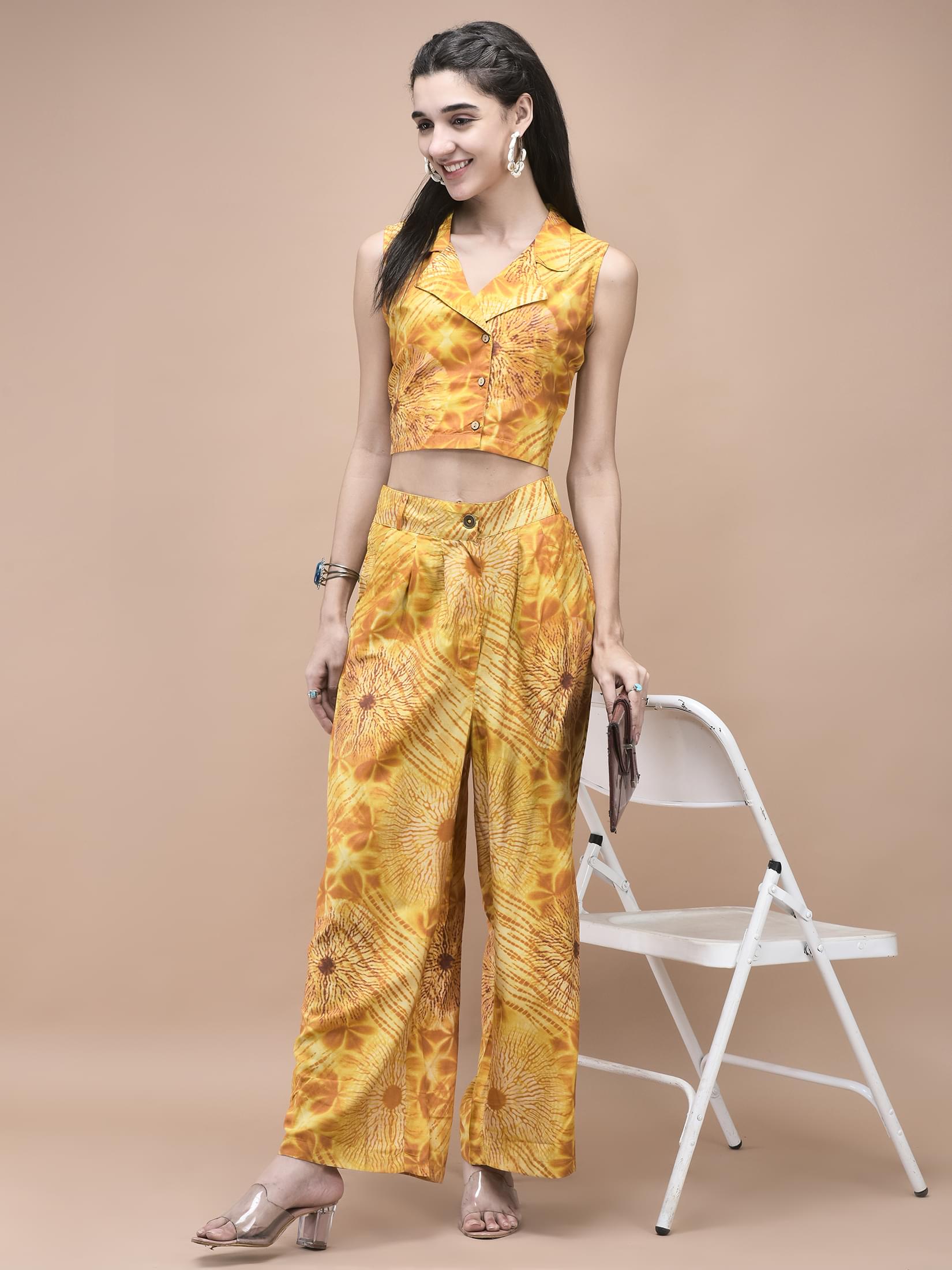 Deep mustard tie dye pattern print Liva fabric urban style matching co-ord set