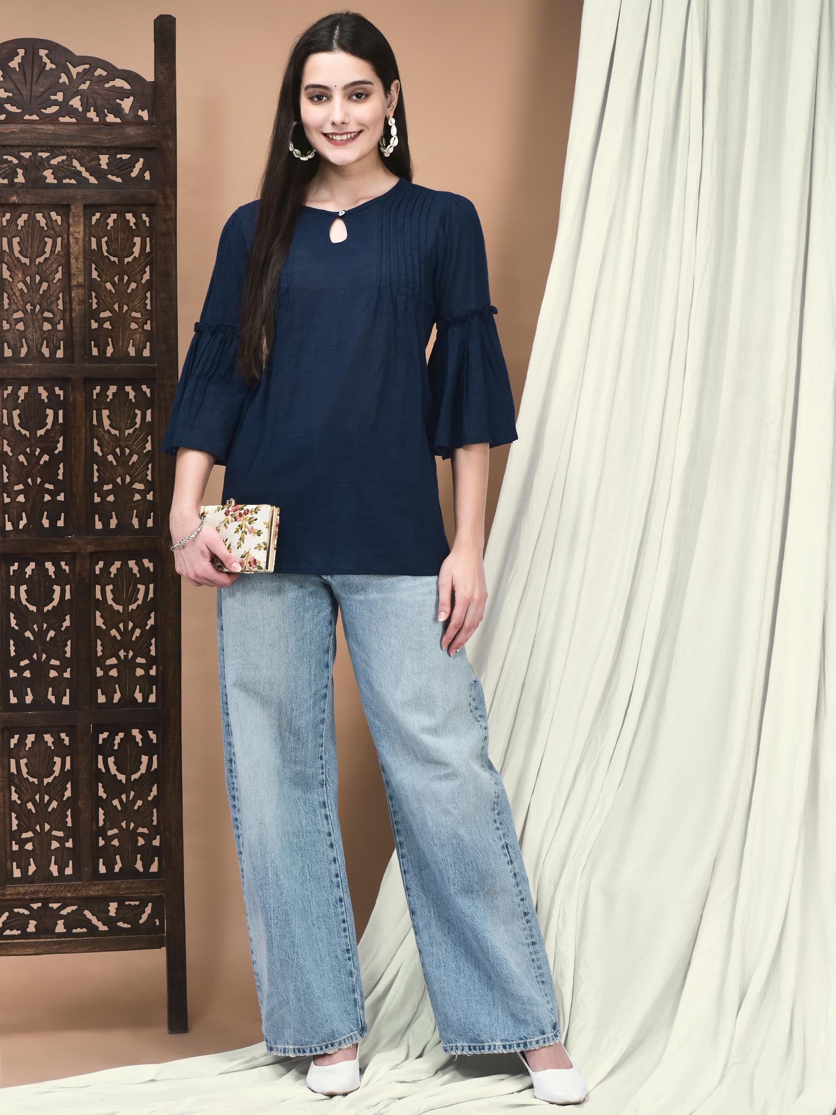 Women Cotton flex Navy Blue Solid Tunic.