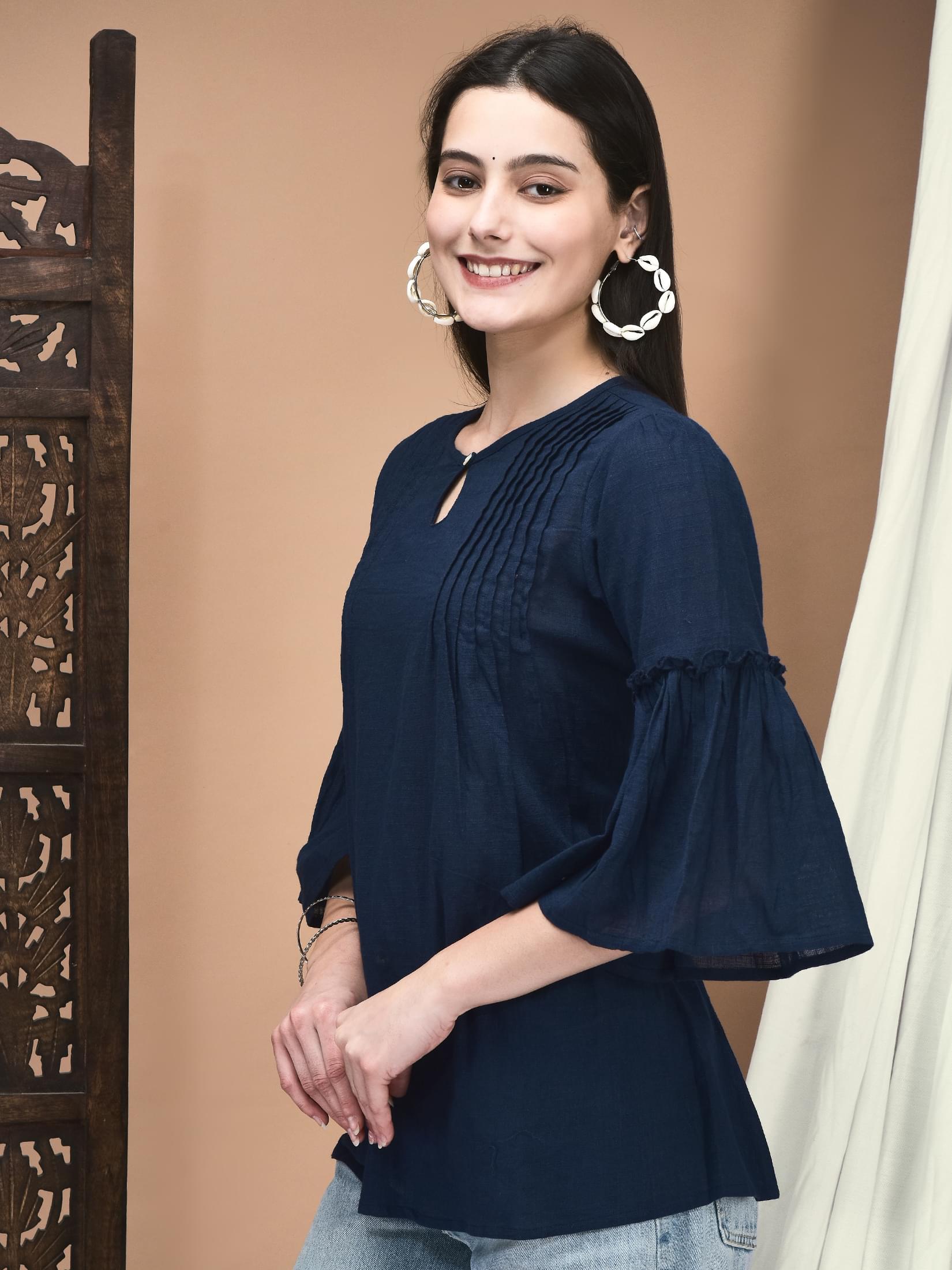 Women Cotton flex Navy Blue Solid Tunic.