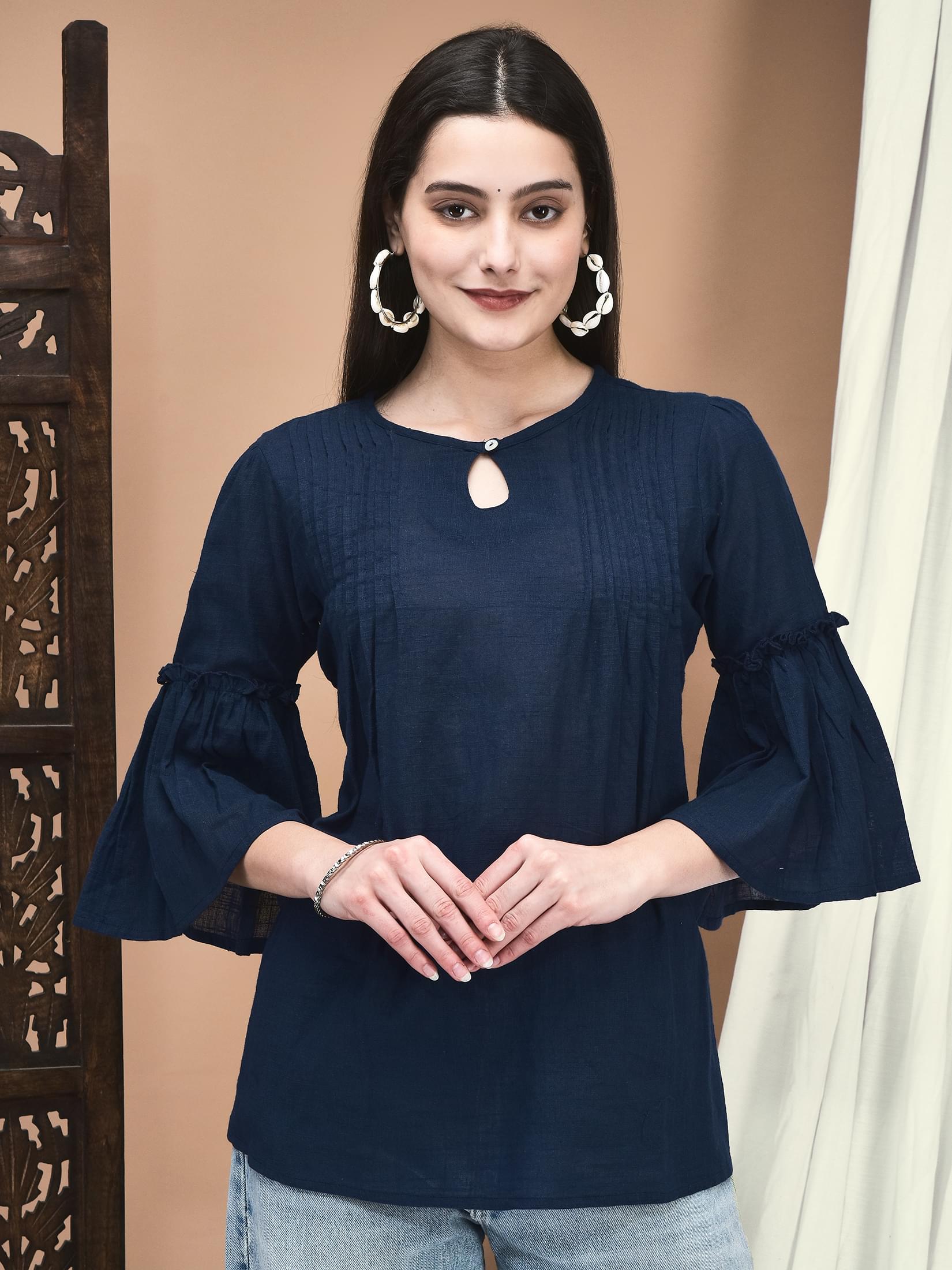Deep navy blue solid basic cotton flex minimal everyday utility tunic shirt