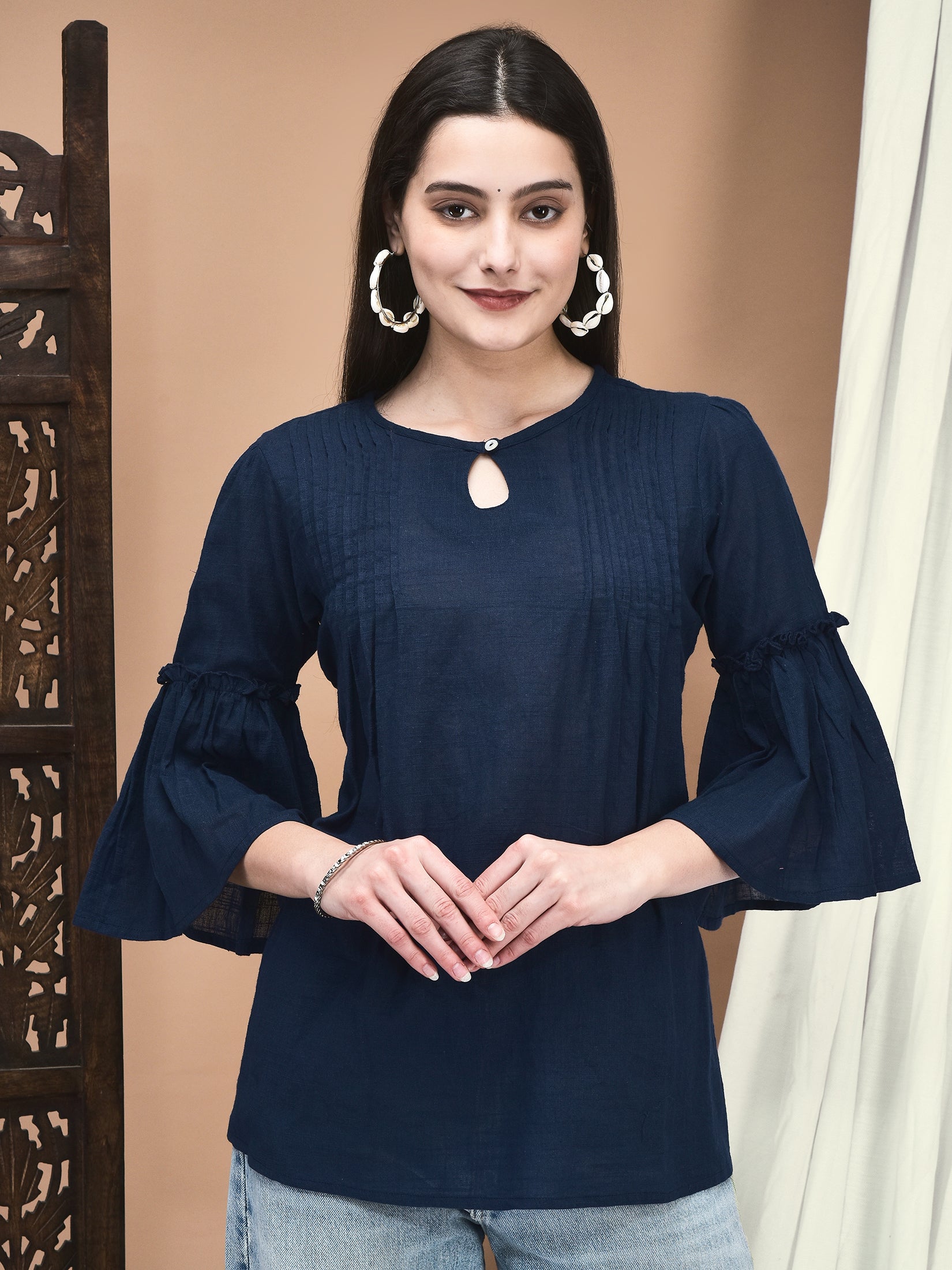 Deep navy blue solid basic cotton flex minimal everyday utility tunic shirt
