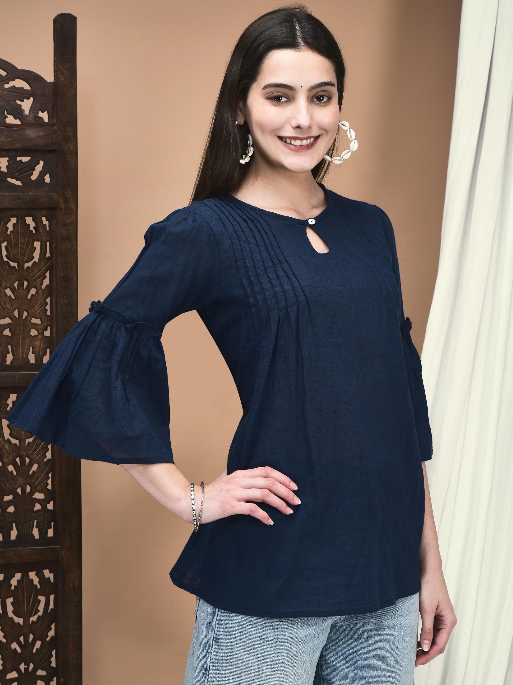 Women Cotton flex Navy Blue Solid Tunic.