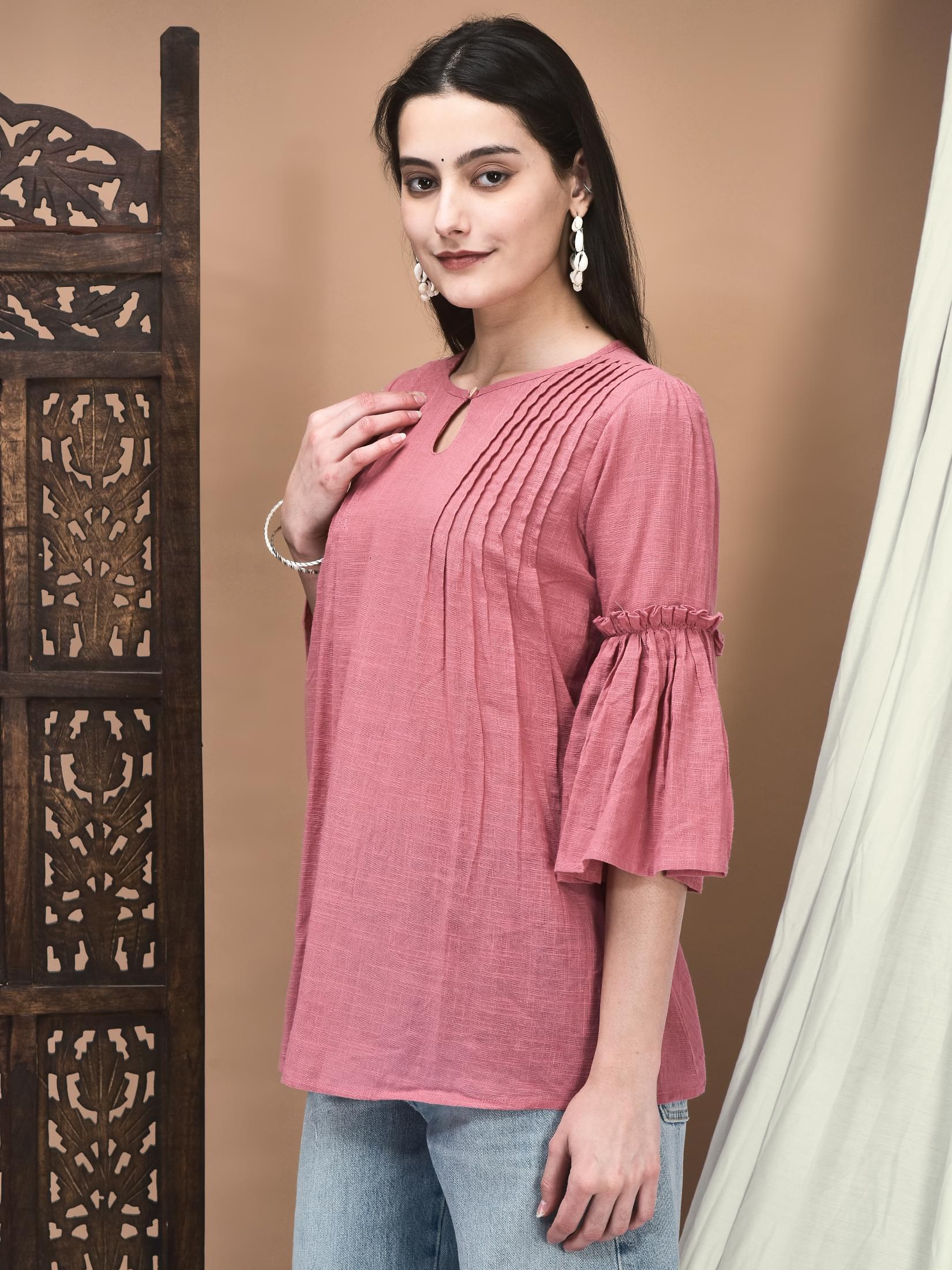 Women Cotton flex Pink Solid Tunic.