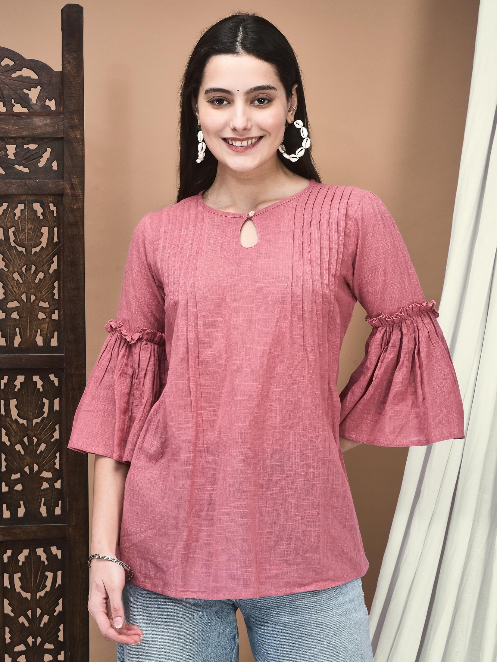 Bubblegum pink solid tone cotton flex breathable comfort fit tunic top byshree