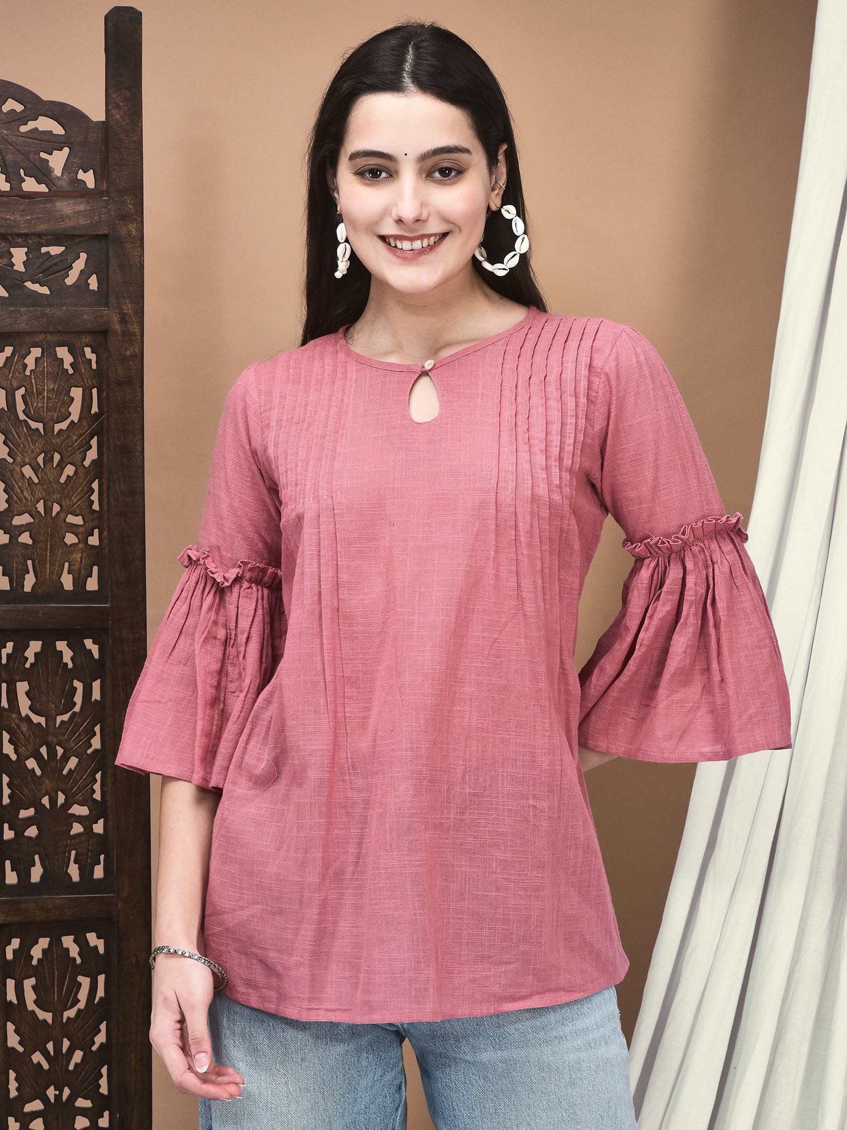 Bubblegum pink solid tone cotton flex breathable comfort fit tunic top byshree