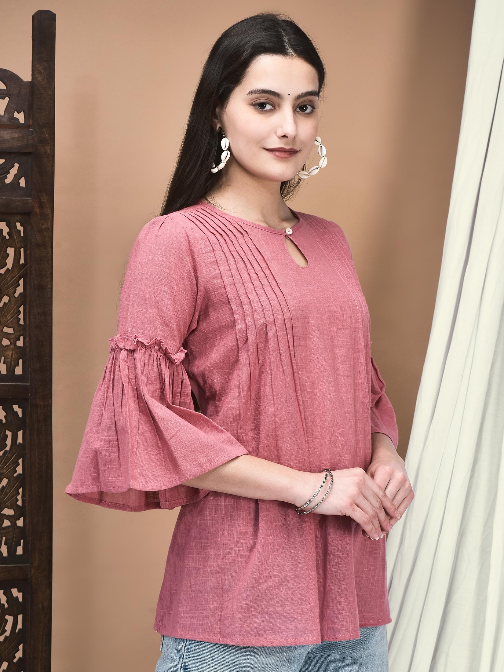 Women Cotton flex Pink Solid Tunic.