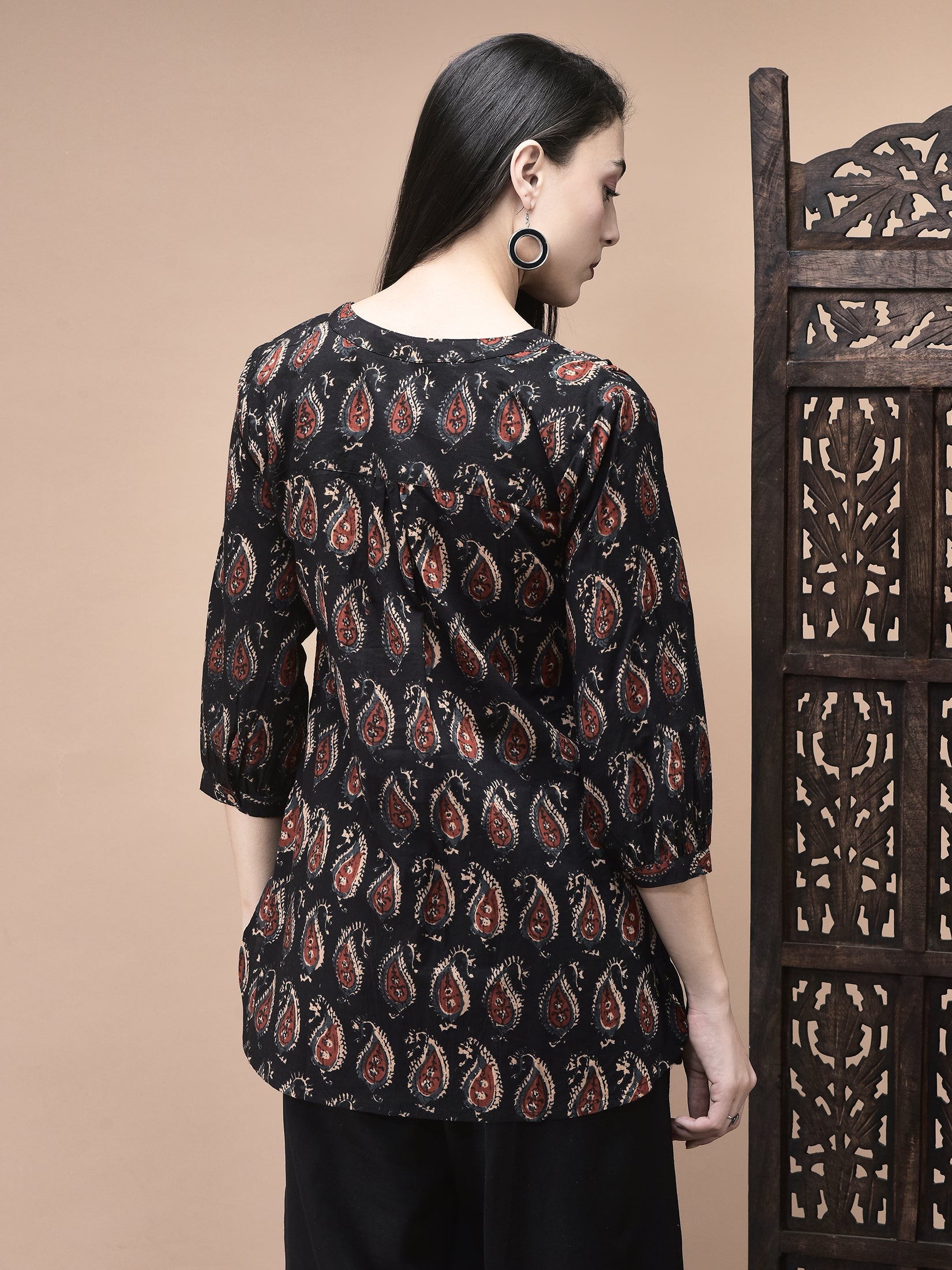 Women Cotton Black Jaipur Motifs Print Tunic