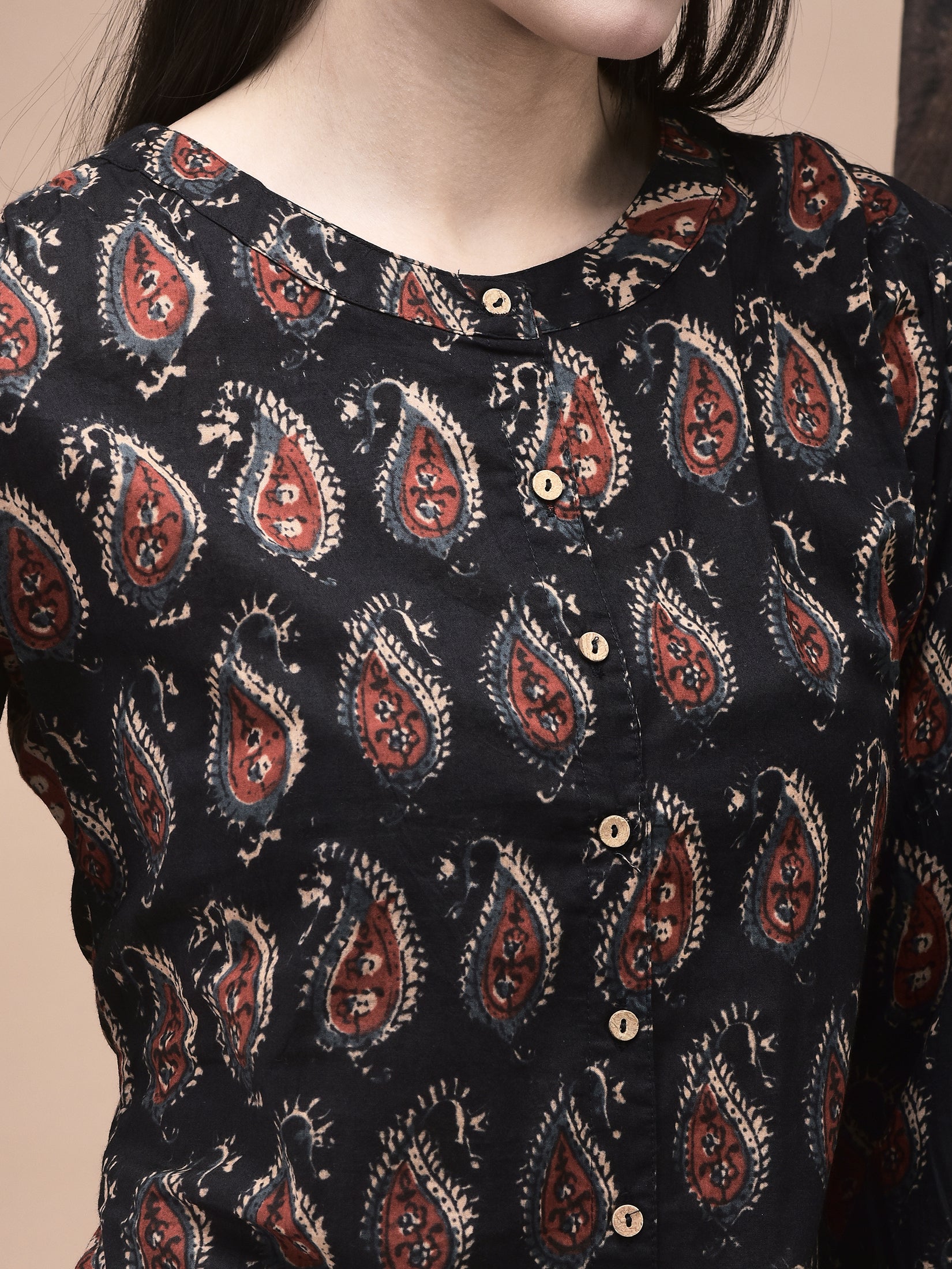 Women Cotton Black Jaipur Motifs Print Tunic