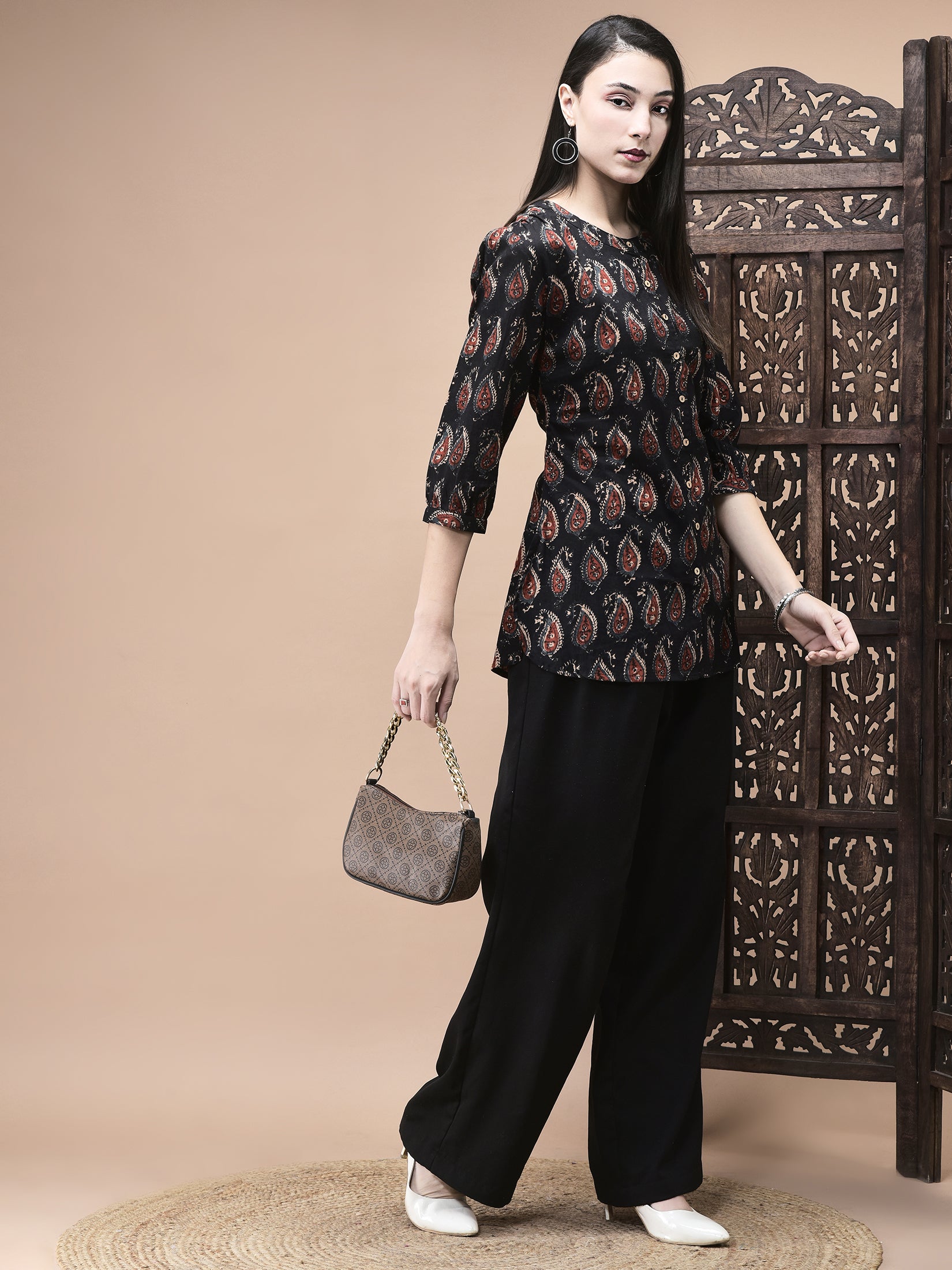 Women Cotton Black Jaipur Motifs Print Tunic
