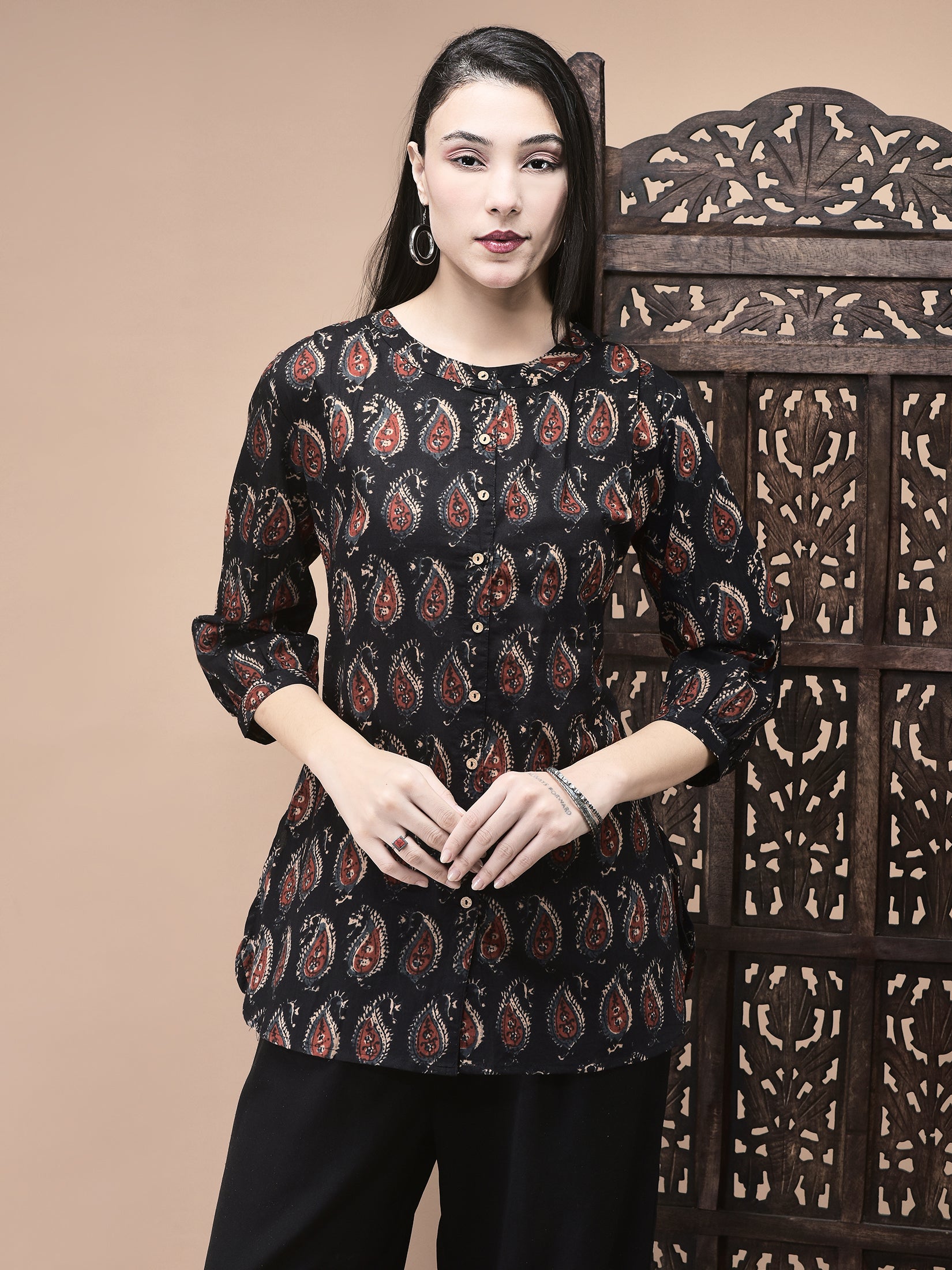 Women Cotton Black Jaipur Motifs Print Tunic