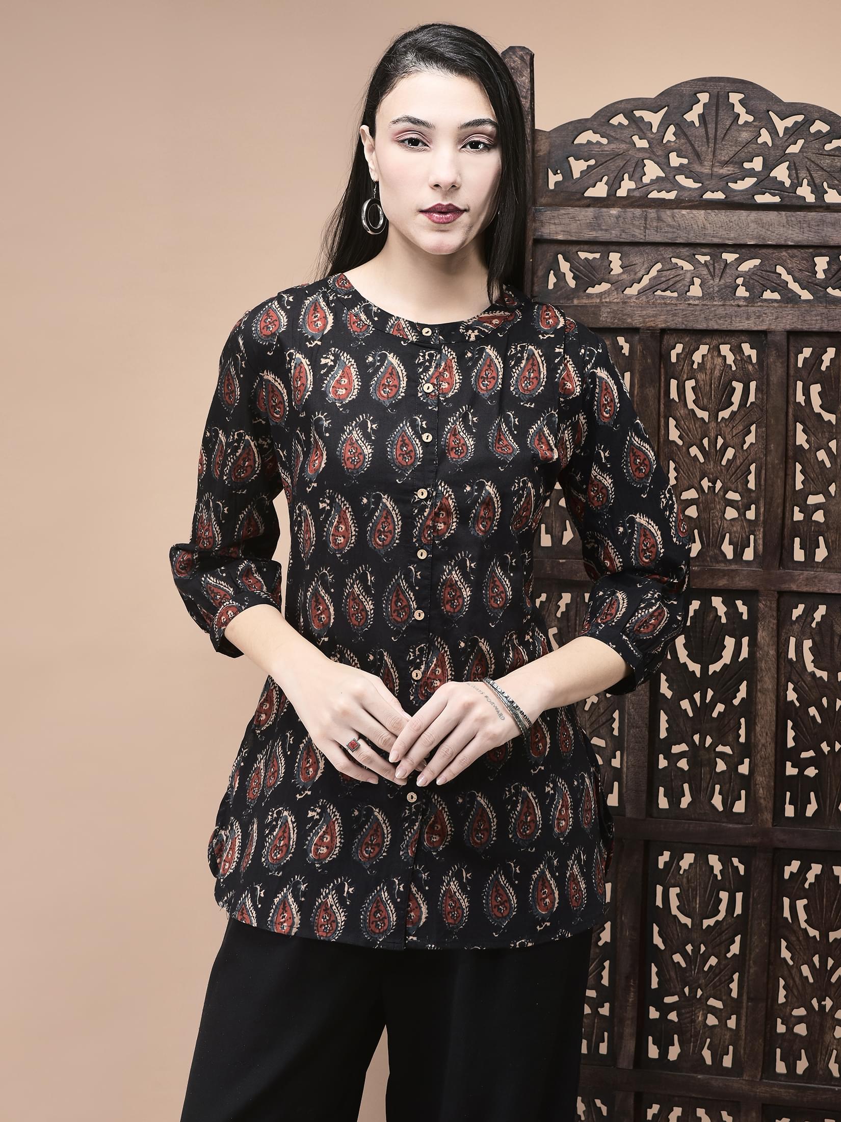 Black traditional Jaipur motifs print pure cotton everyday wear short tunic